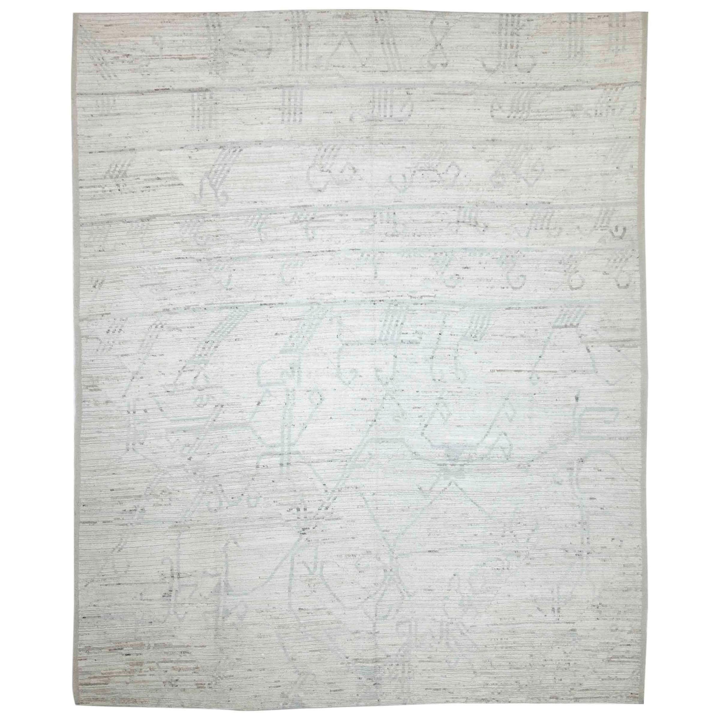 Modern Afghan Moroccan Style Rug with Gray Tribal Details on Ivory Field