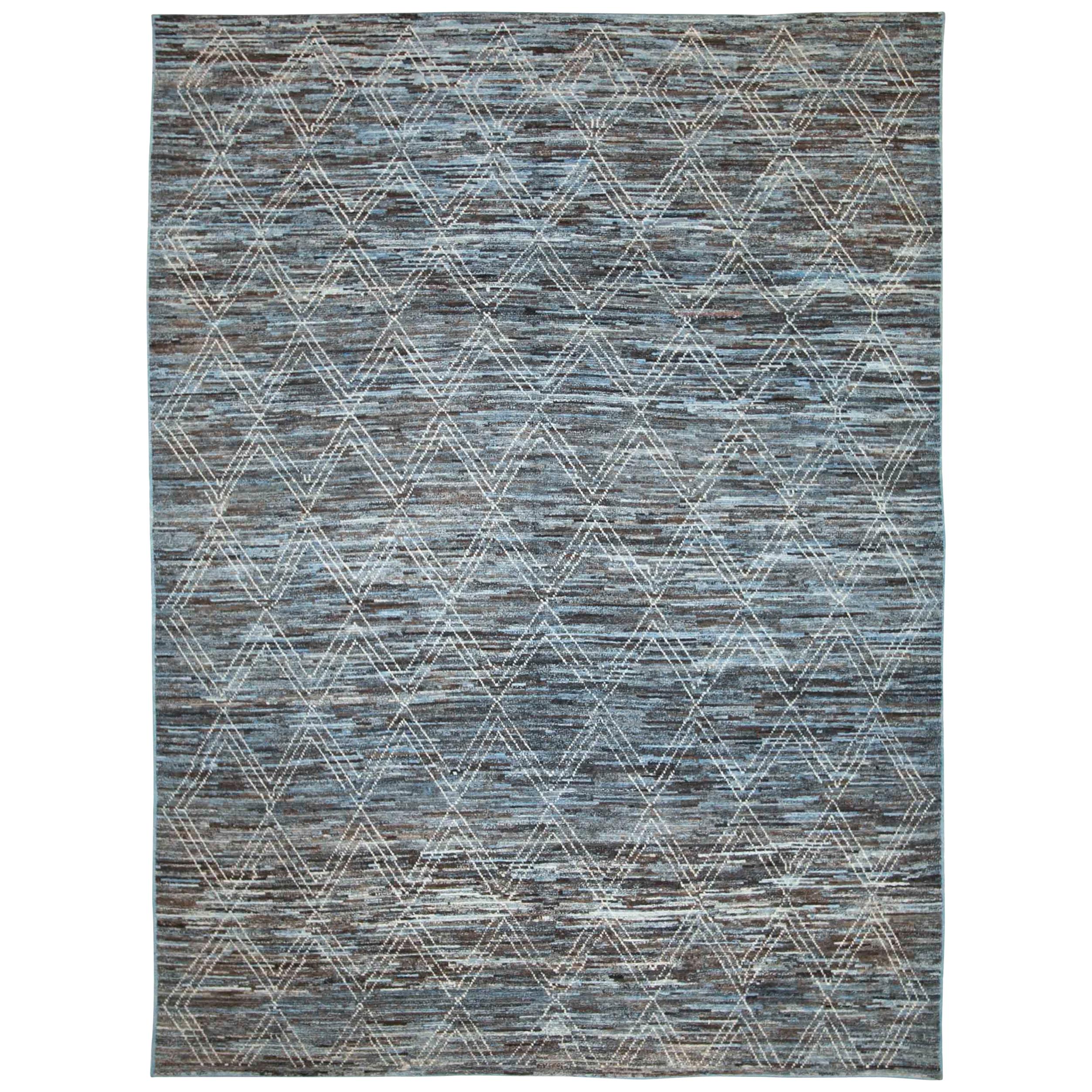 Modern Afghan Moroccan Style Rug with Ivory Diamonds Over Blue and Brown Field For Sale