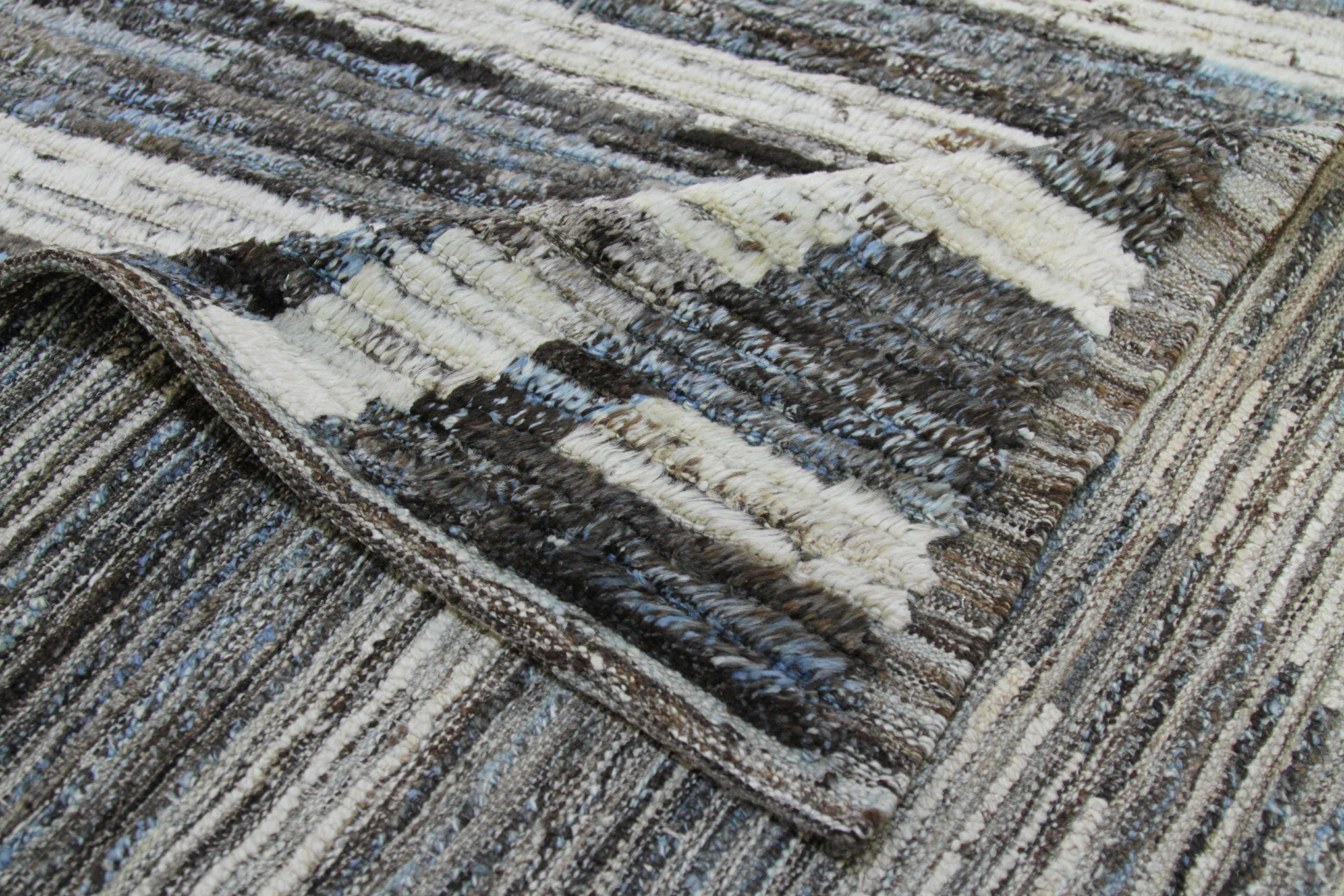 Wool Modern Afghan Moroccan Style Rug with Ivory Tribal Details on Blue & Brown Field For Sale