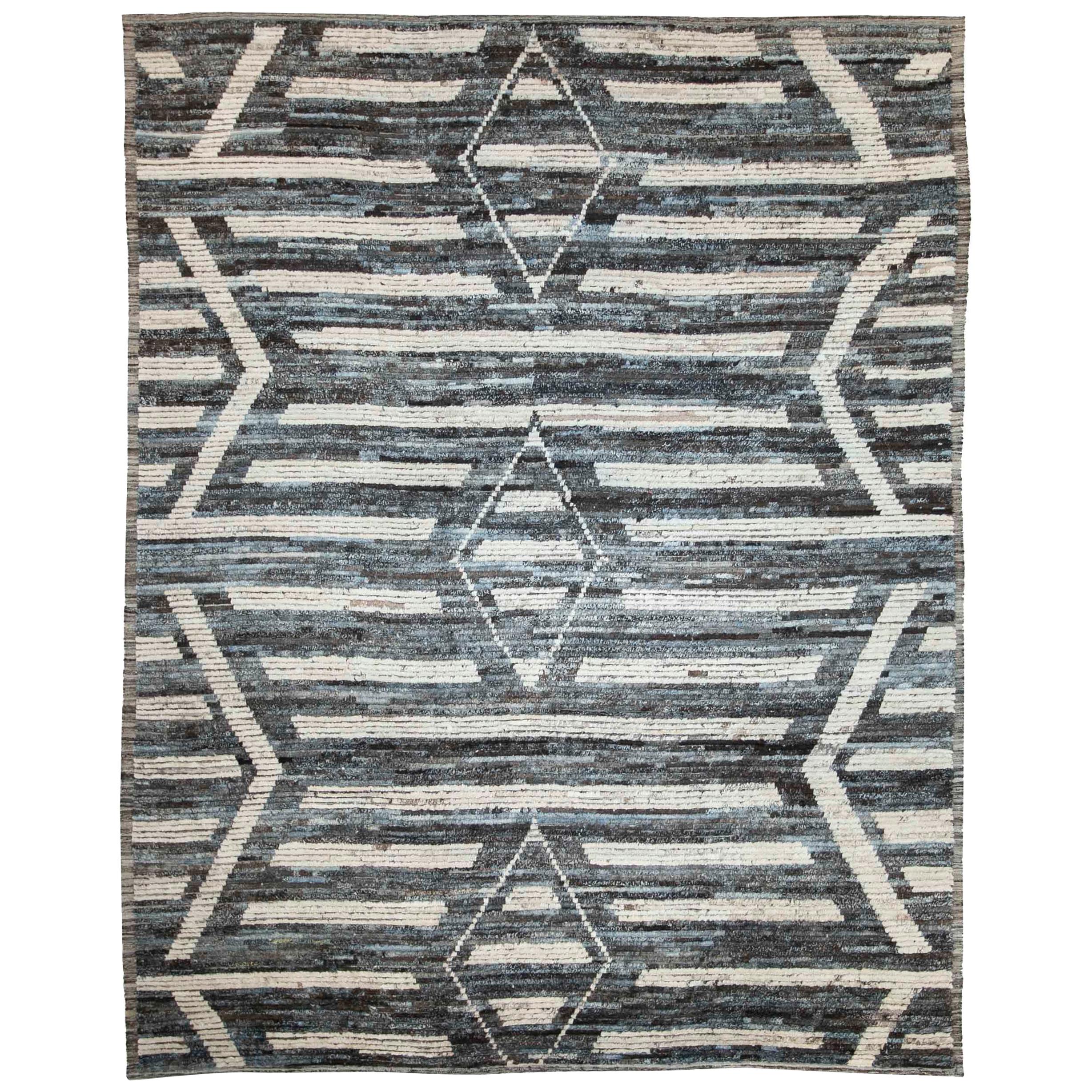 Modern Afghan Moroccan Style Rug with Ivory Tribal Details on Blue & Brown Field