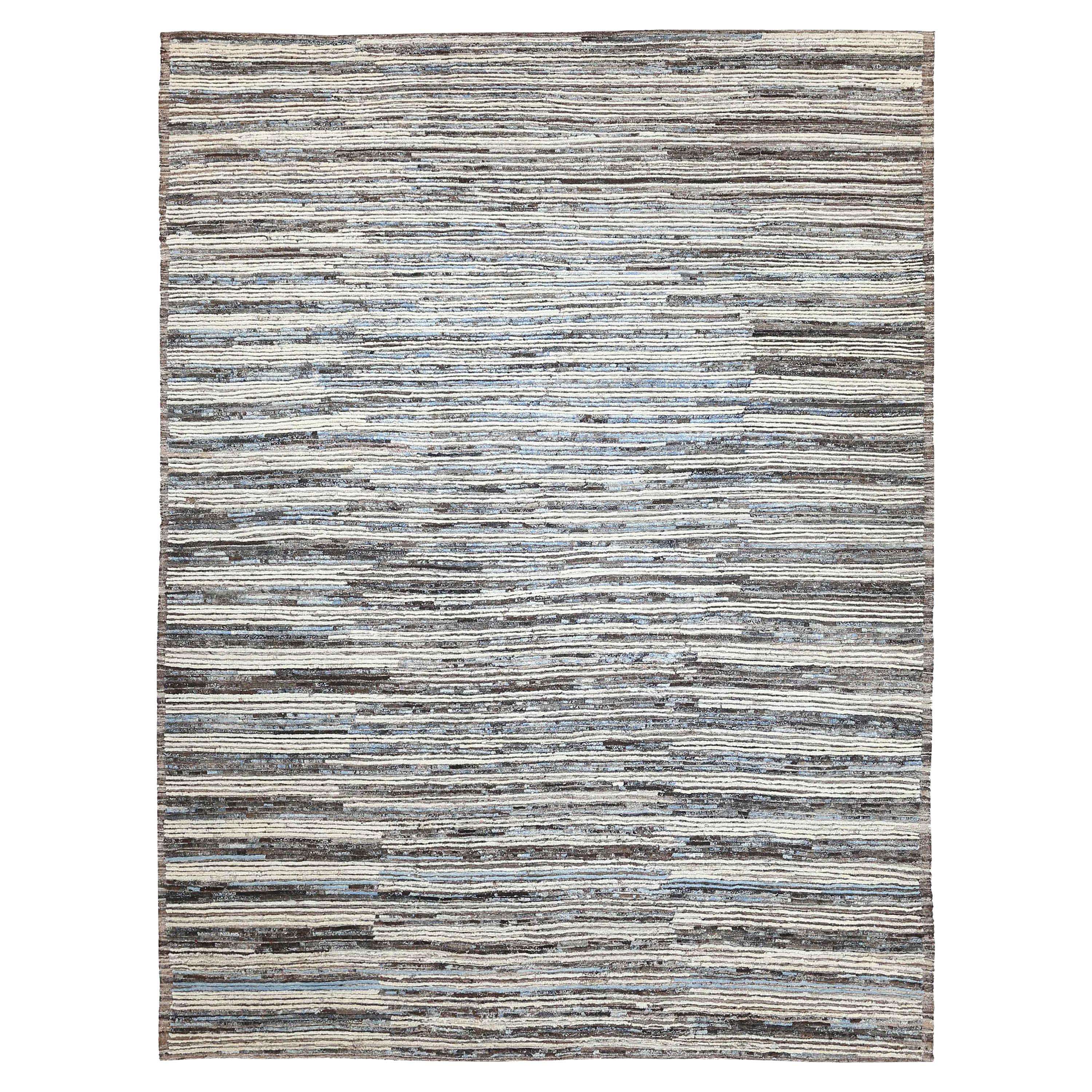 Modern Afghan Moroccan Style Rug with Sky Blue and Brown Streaks on Ivory Field