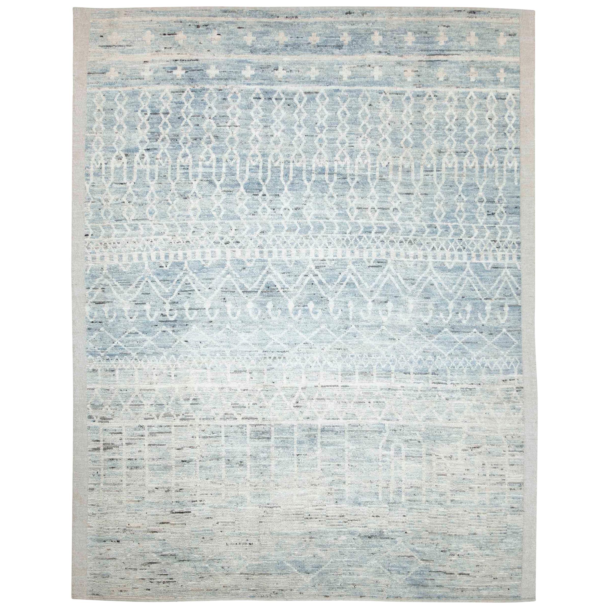 Modern Afghan Moroccan Style Rug with Tribal Details in Ivory and Blue For Sale