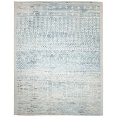 Modern Afghan Moroccan Style Rug with Tribal Details in Ivory and Blue