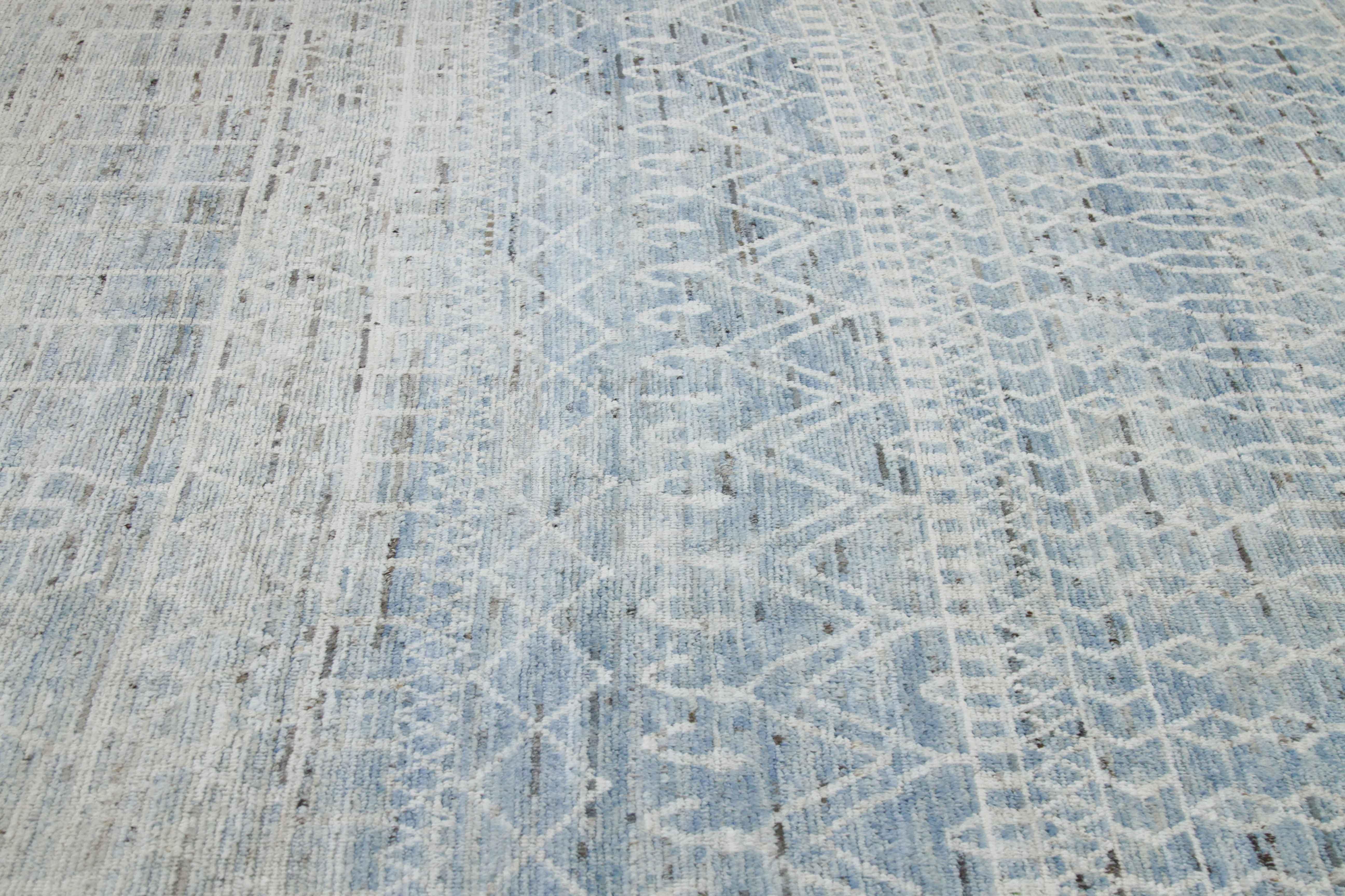 Contemporary Modern Afghan Moroccan Style Rug with Tribal Details in Ivory and Blue For Sale