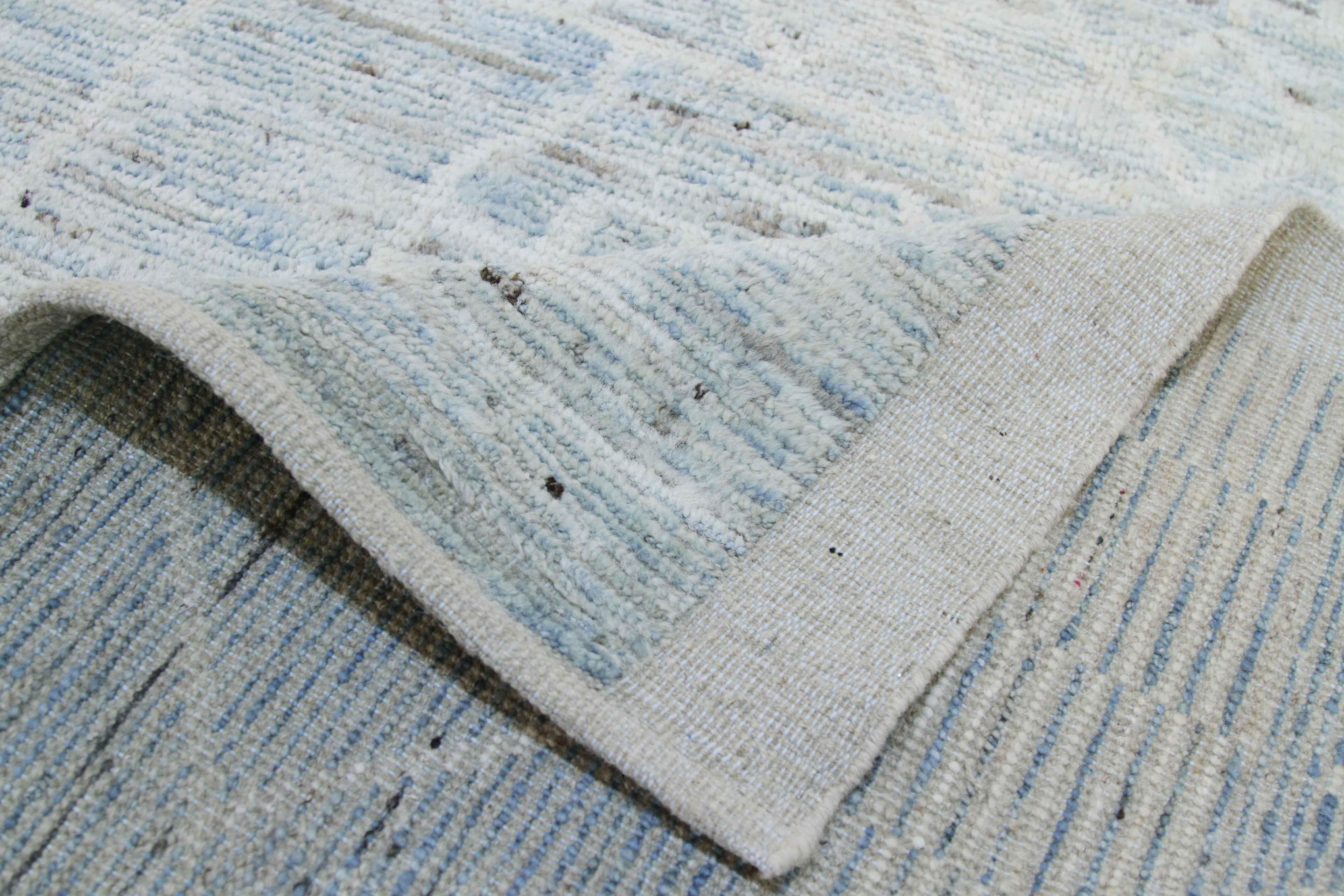 Wool Modern Afghan Moroccan Style Rug with Tribal Details in Ivory and Blue For Sale