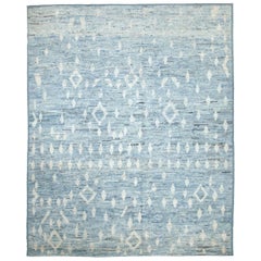 Modern Afghan Moroccan Style Rug with White Diamonds over Blue Field