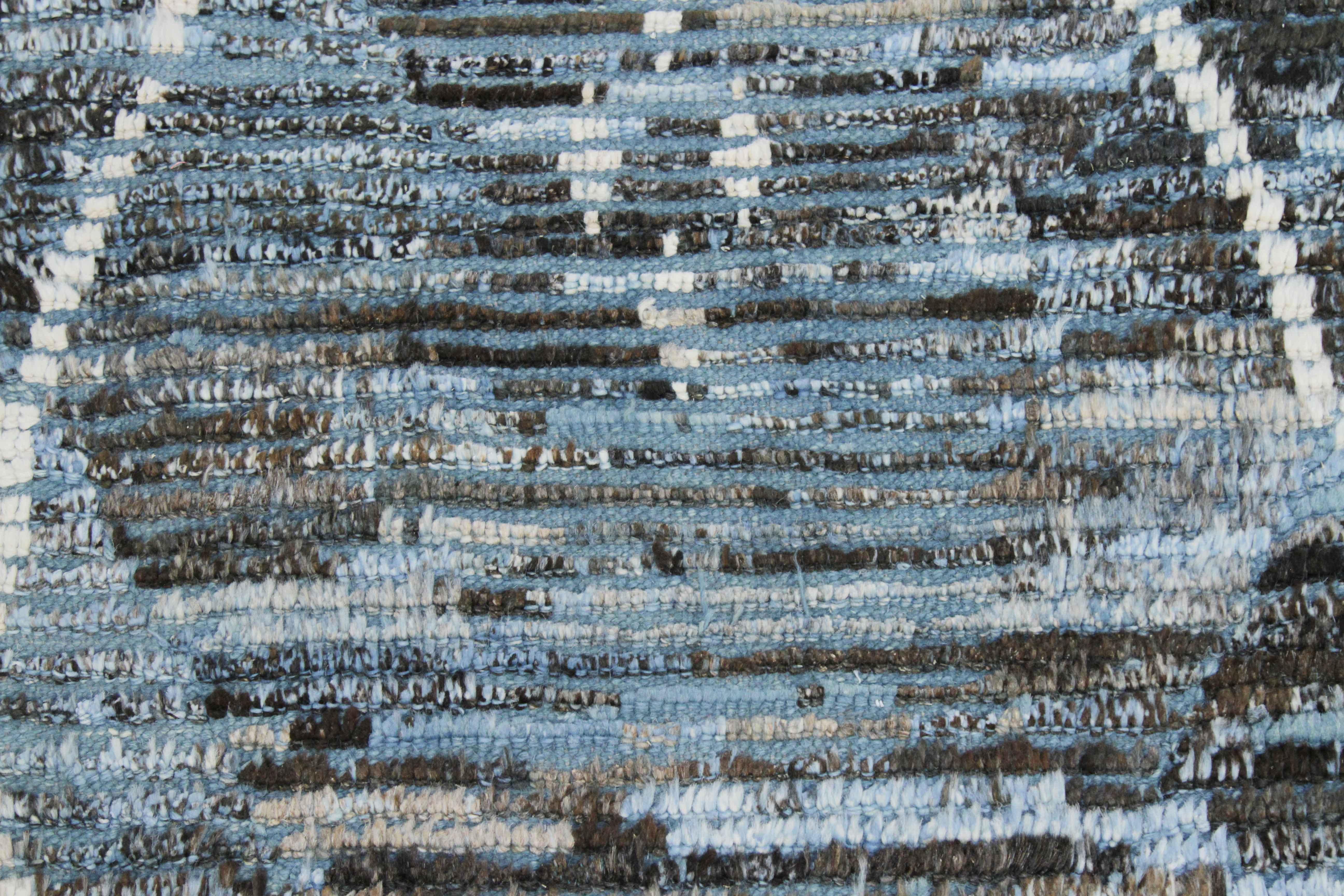 Hand-Woven Modern Afghan Moroccan Style Rug with White Lines over Brown and Blue Field For Sale