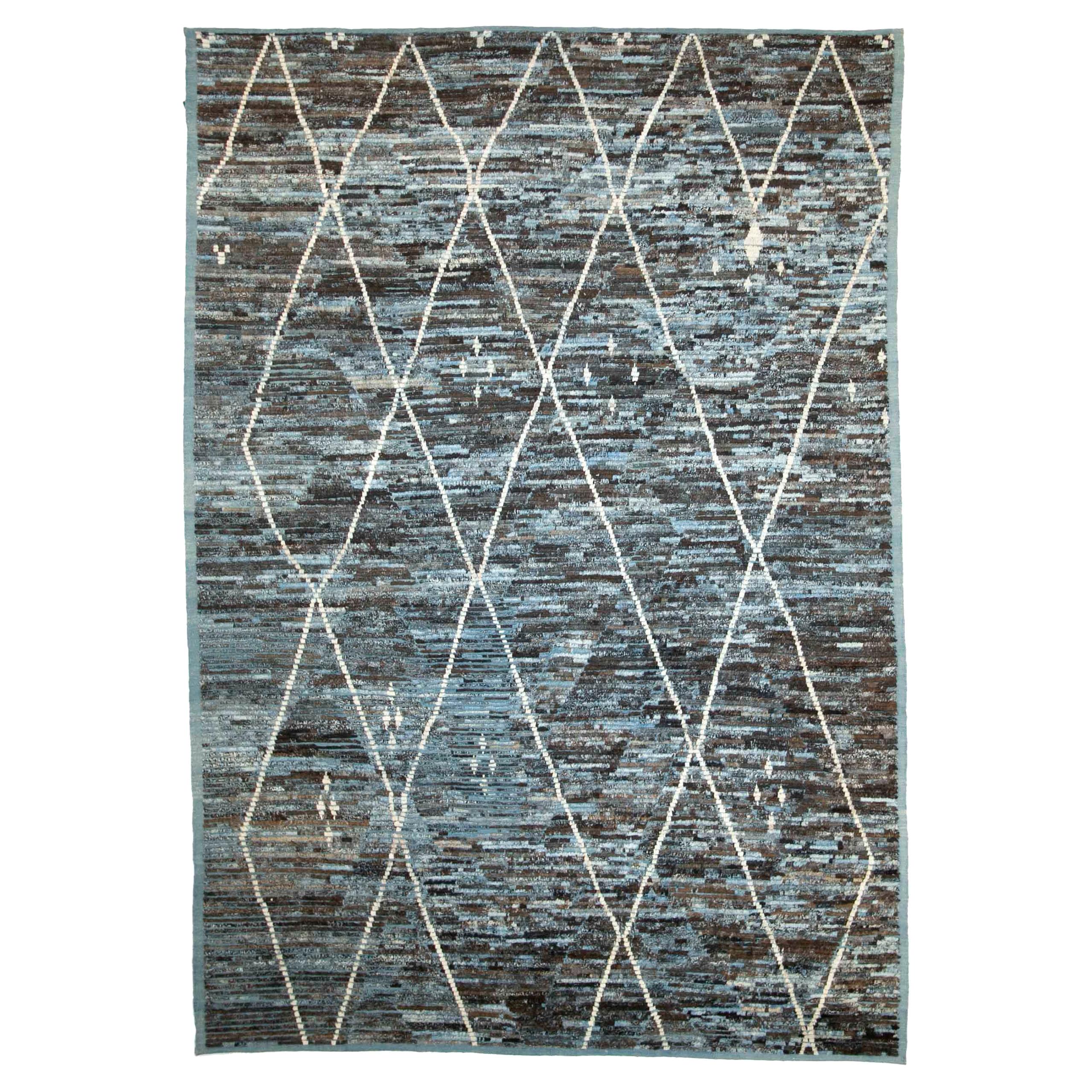 Modern Afghan Moroccan Style Rug with White Lines over Brown and Blue Field