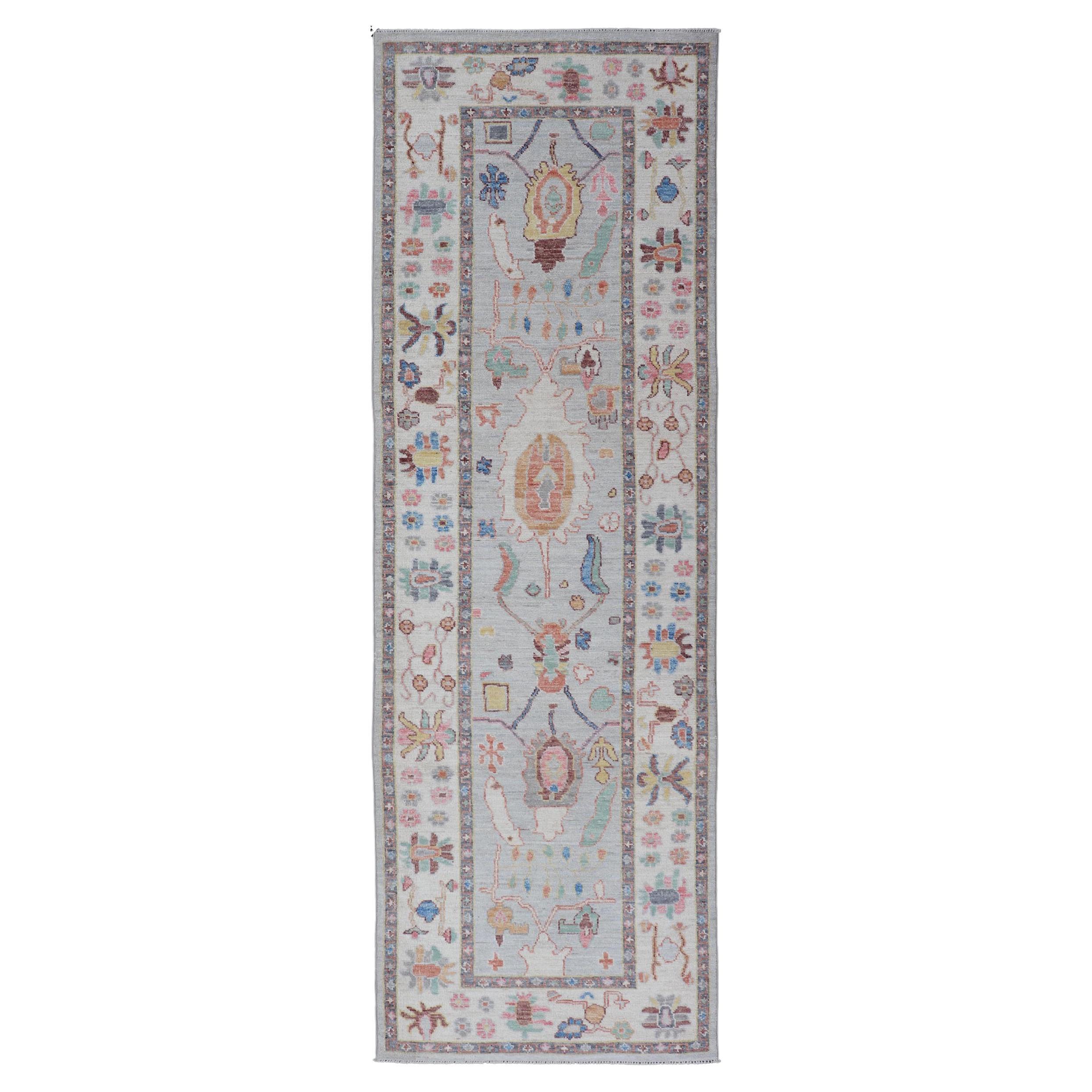Modern Afghan Oushak Runner with Gray Background and Floral Motif For Sale