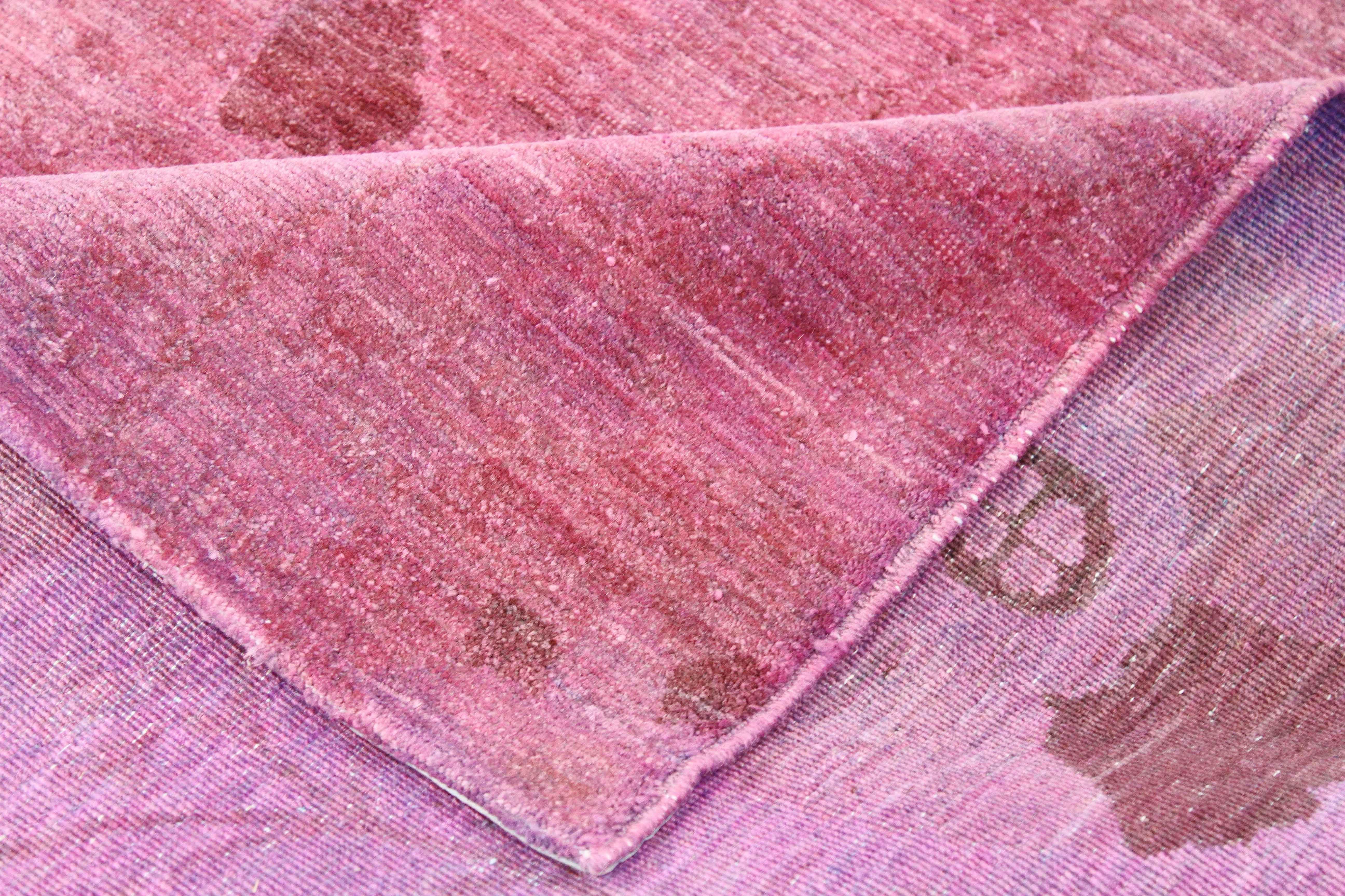 Hand-Woven Modern Afghan Overdye Rug with Pink and Purple Botanical Details For Sale