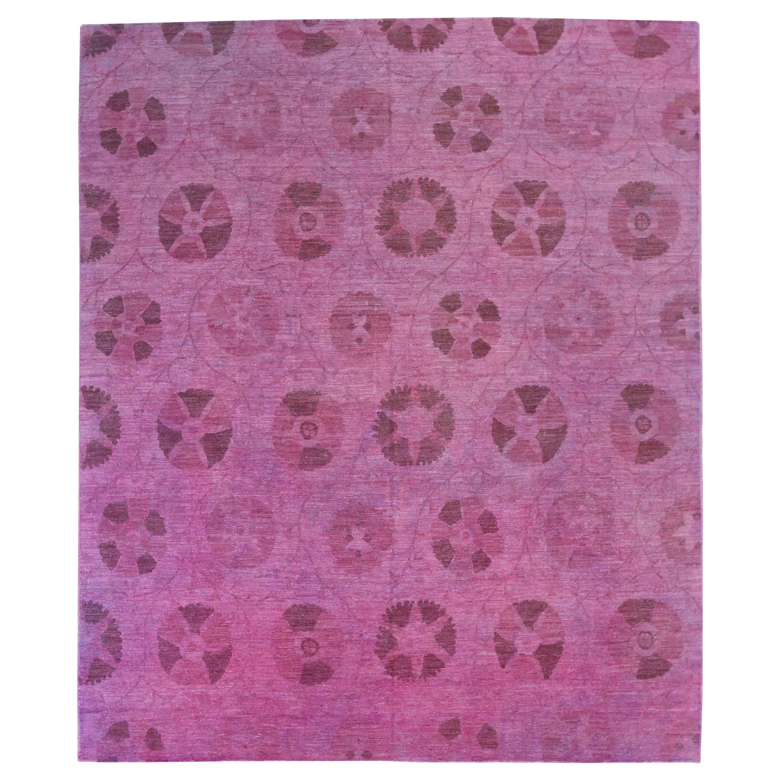 Modern Afghan Overdye Rug with Pink and Purple Botanical Details For Sale
