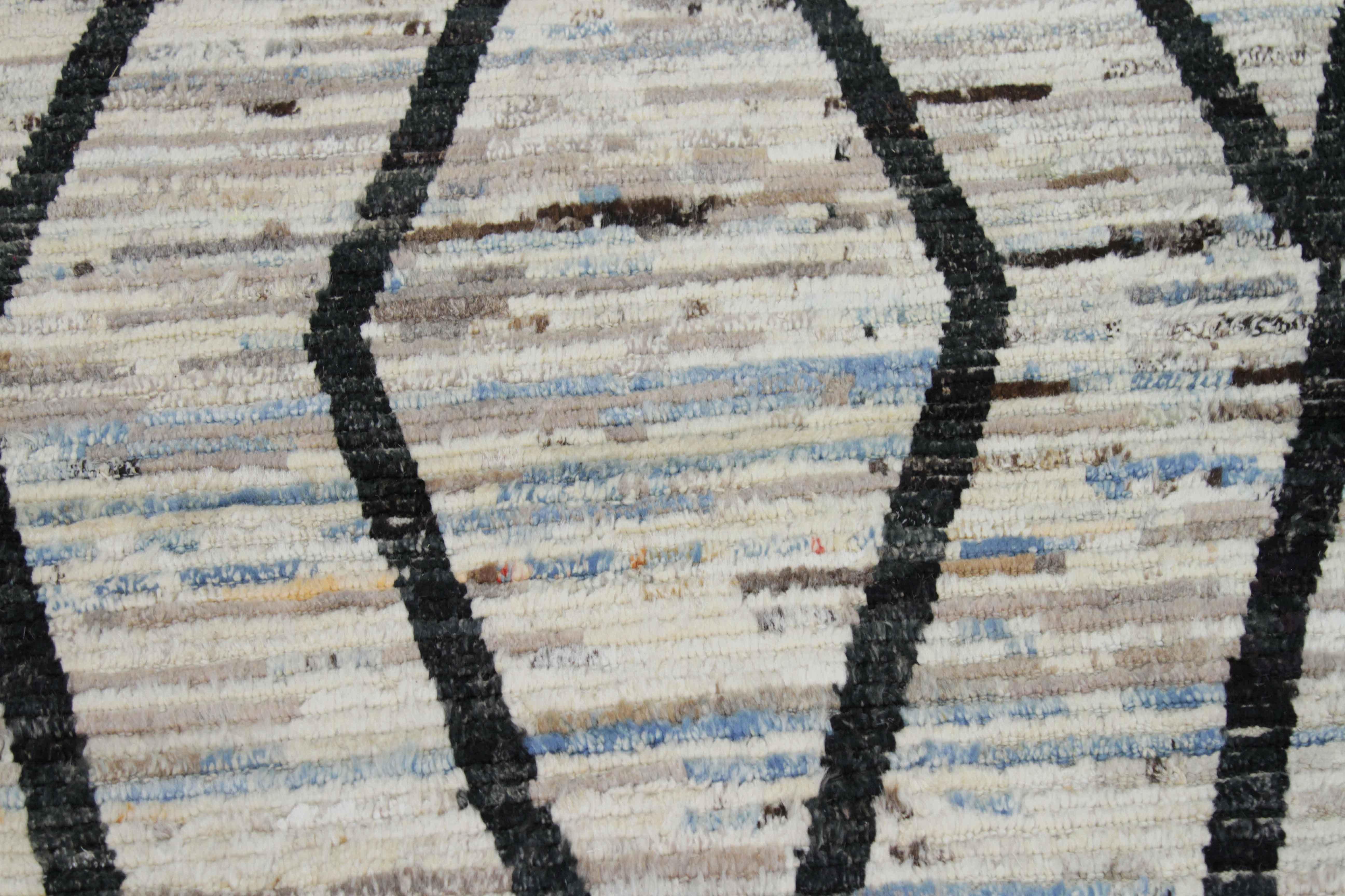 Hand-Woven Modern Afghan Rug in Moroccan Style with Black Tribal Diamond Details For Sale