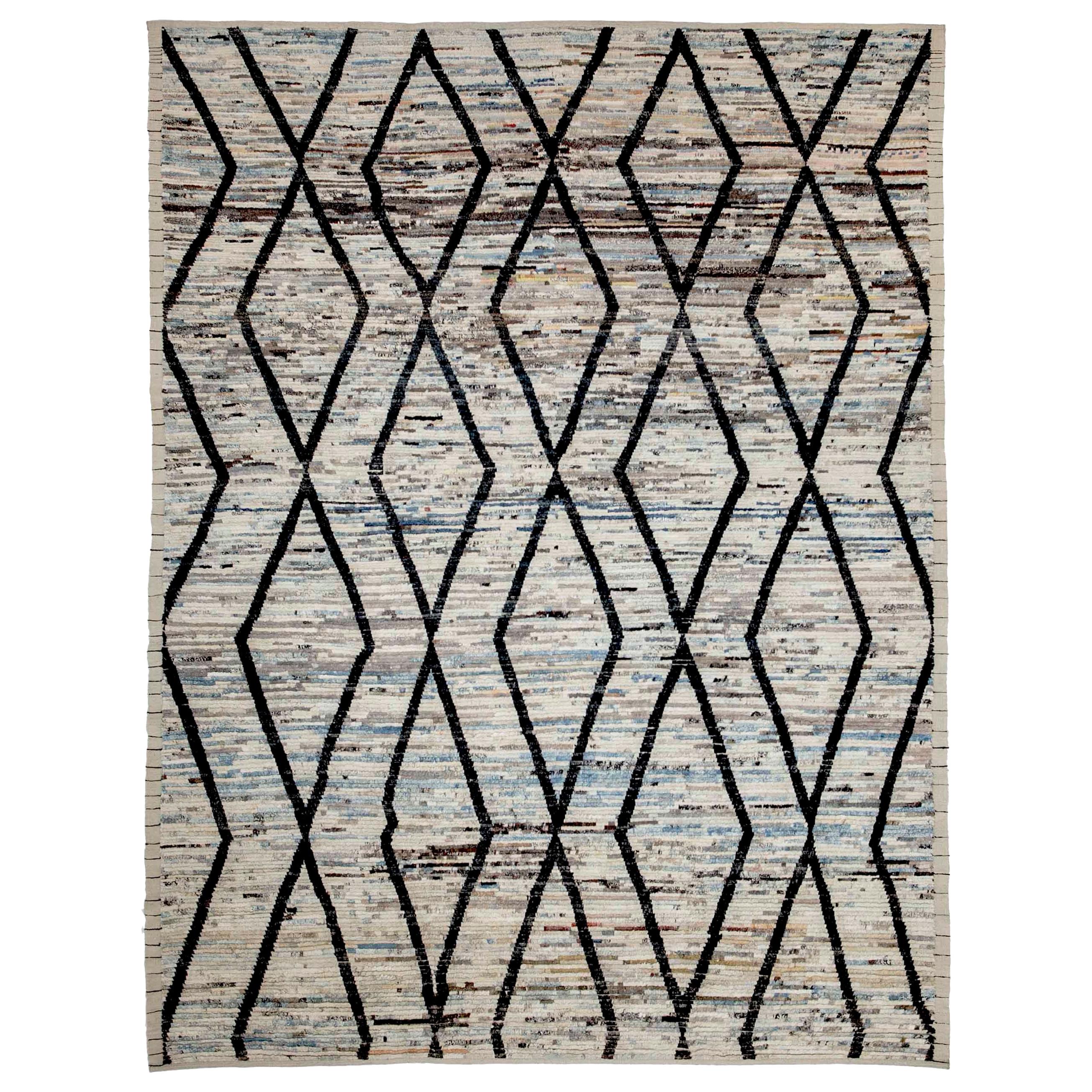 Modern Afghan Rug in Moroccan Style with Black Tribal Diamond Details For Sale