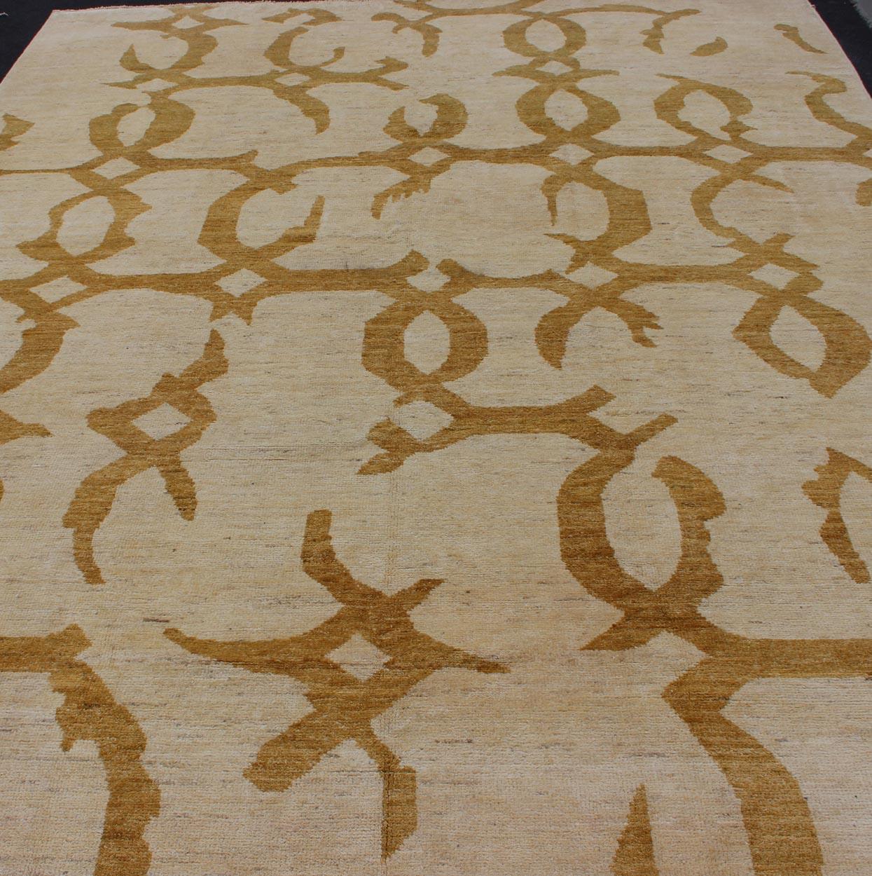 Large Modern Afghanistan Made Fine Rug With Abstract Pattern in Gold and Ivory For Sale 4