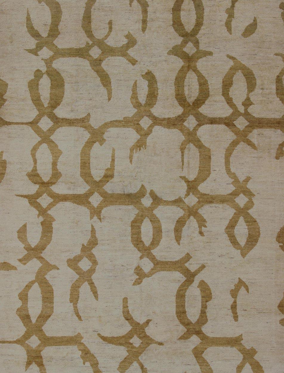 Hand-Knotted Large Modern Afghanistan Made Fine Rug With Abstract Pattern in Gold and Ivory For Sale