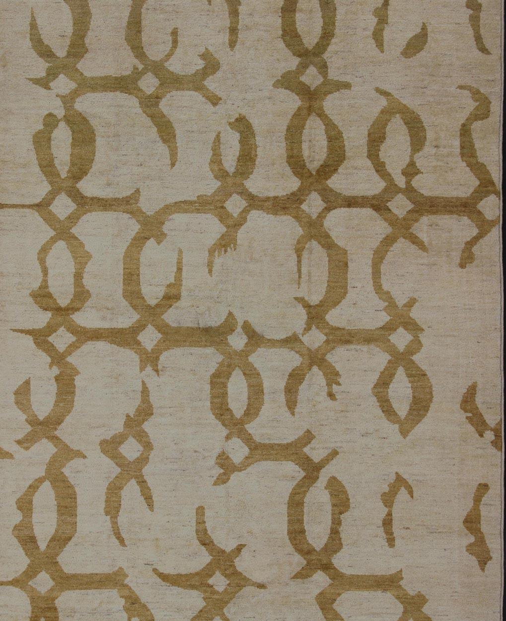 Large Modern Afghanistan Made Fine Rug With Abstract Pattern in Gold and Ivory In New Condition For Sale In Atlanta, GA
