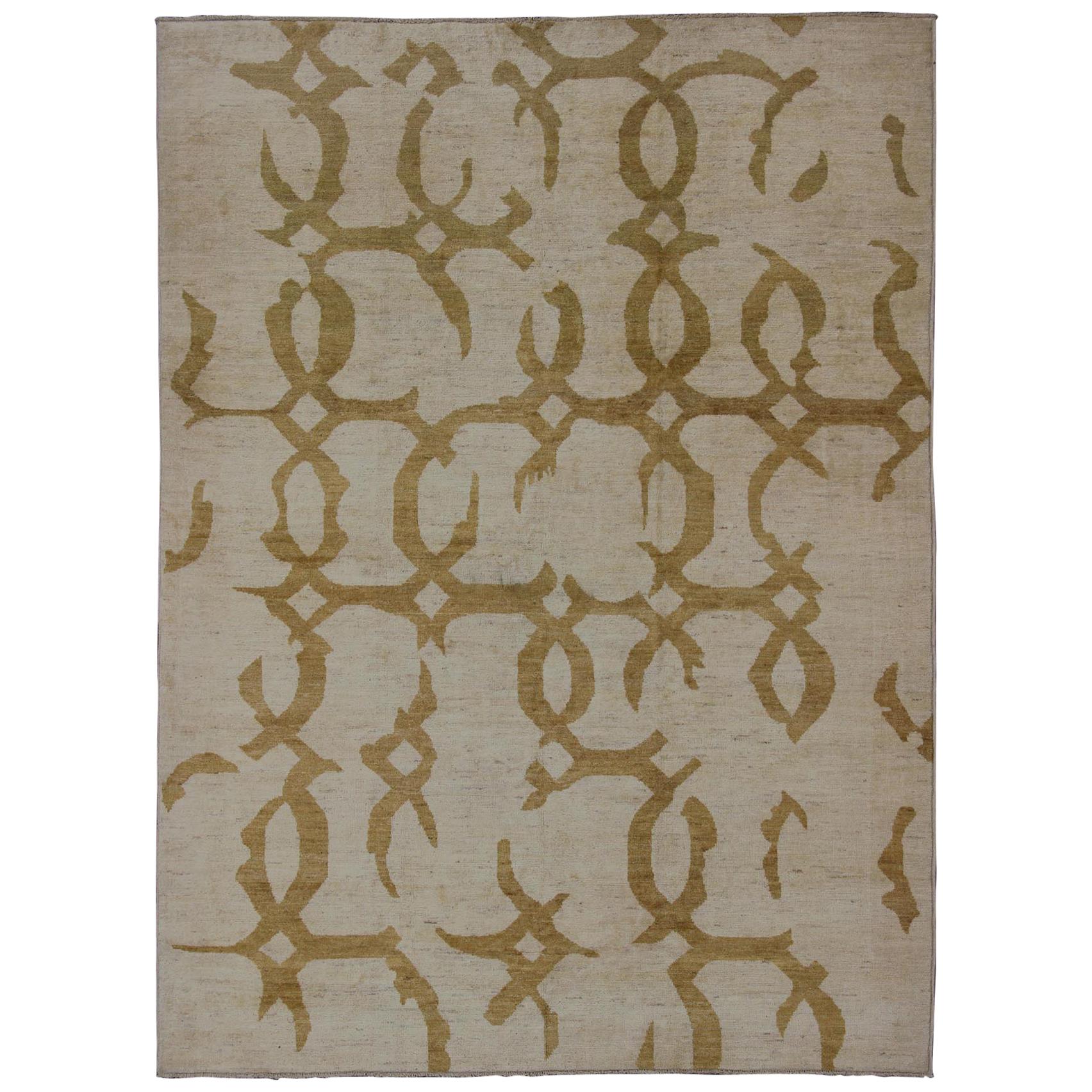Large Modern Afghanistan Made Fine Rug With Abstract Pattern in Gold and Ivory