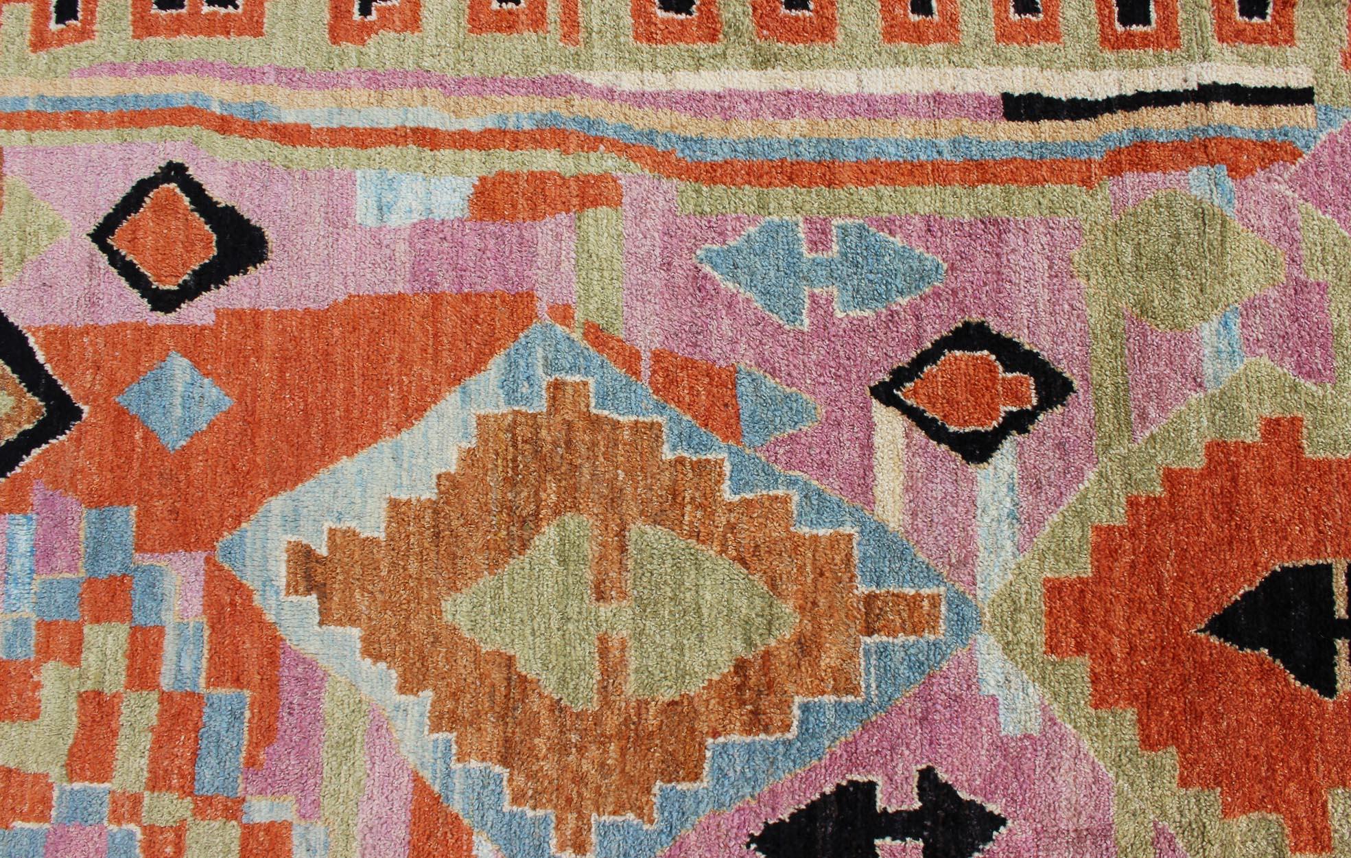 Hand-Knotted Modern Design Colorful Rug with Tribal and Geometric Motifs in Multi Colors