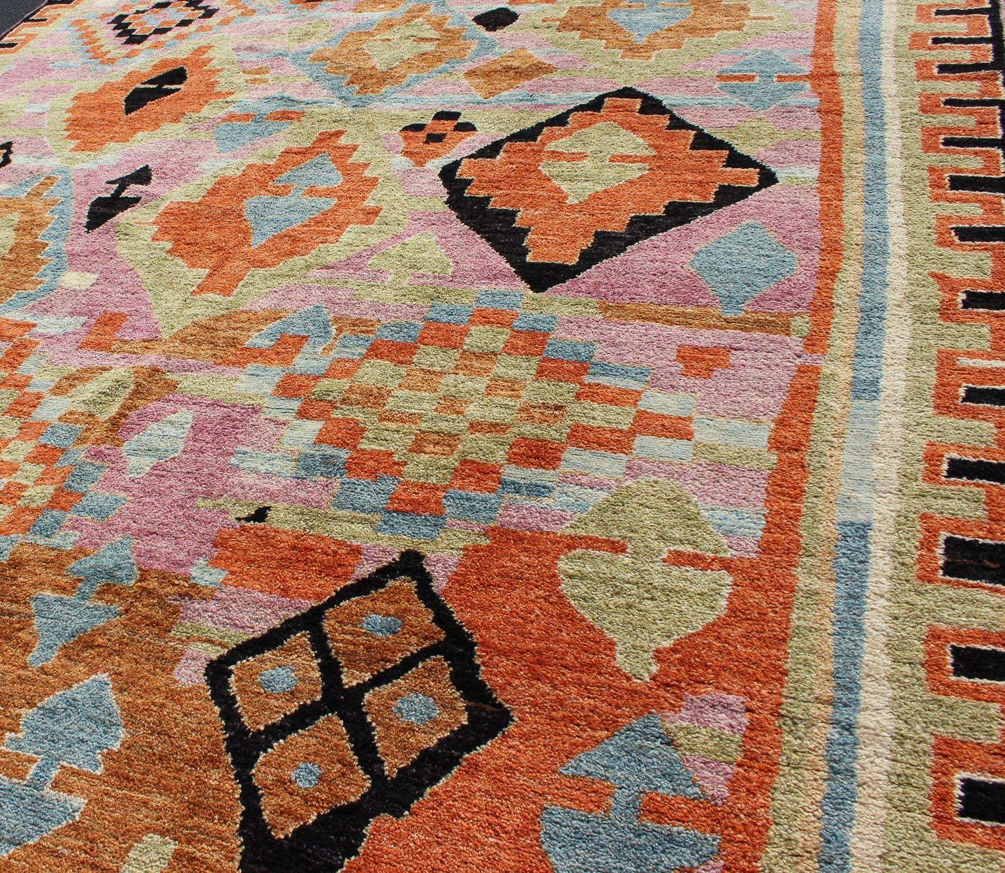 Wool Modern Design Colorful Rug with Tribal and Geometric Motifs in Multi Colors