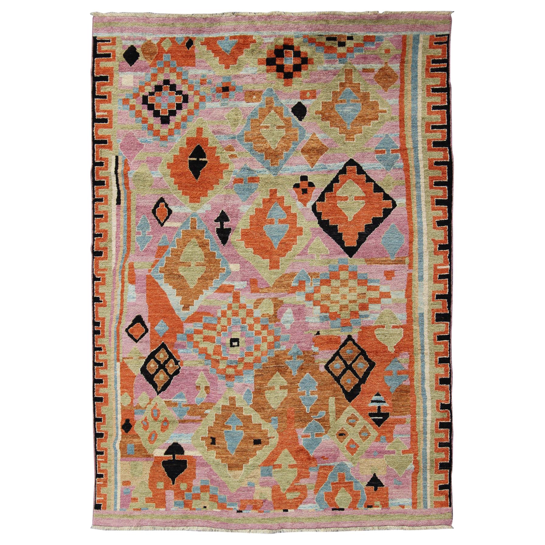 Modern Design Colorful Rug with Tribal and Geometric Motifs in Multi Colors