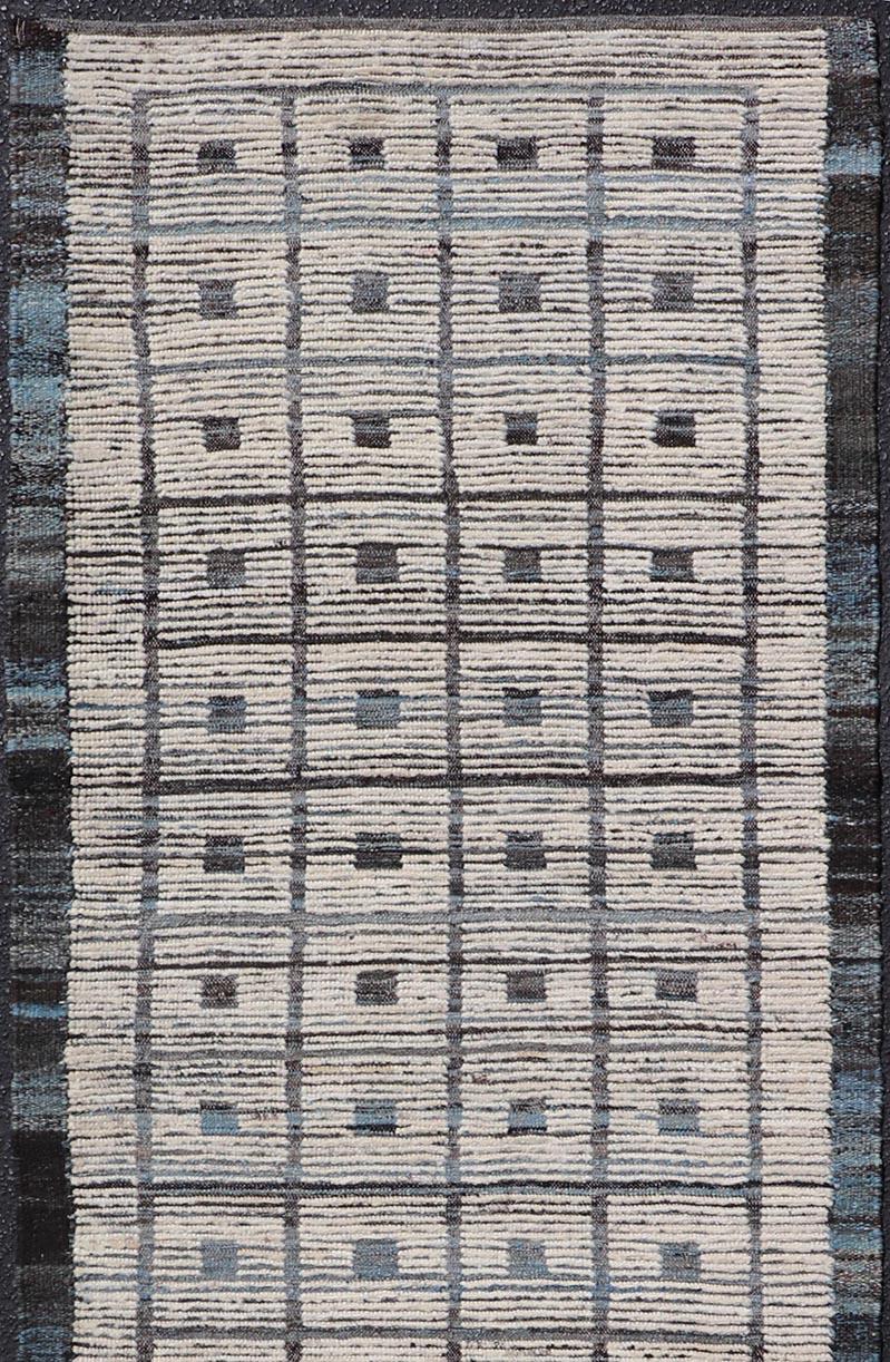 Hand-Knotted Modern Afghan Runner in Wool with All-Over Geometric Design For Sale
