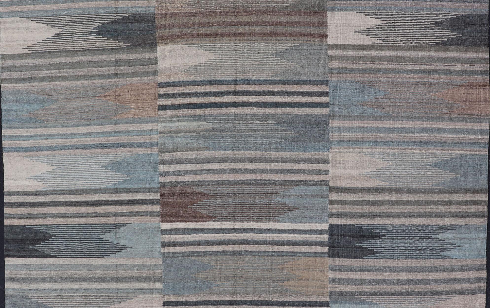 Hand-Woven Modern Afghanistan Kilim with Blue, Brown, Gray and Cream For Sale