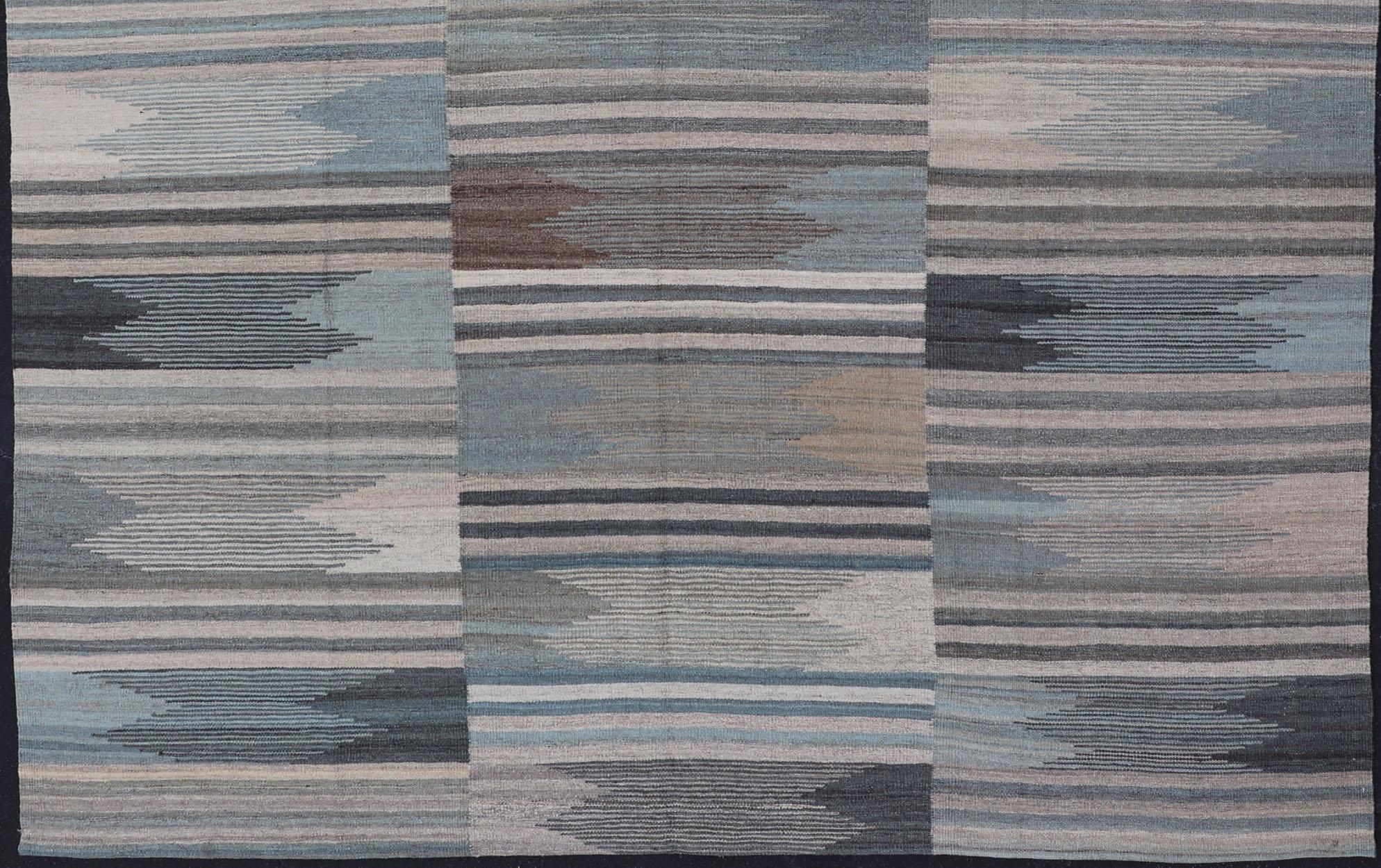Modern Afghanistan Kilim with Blue, Brown, Gray and Cream In New Condition For Sale In Atlanta, GA
