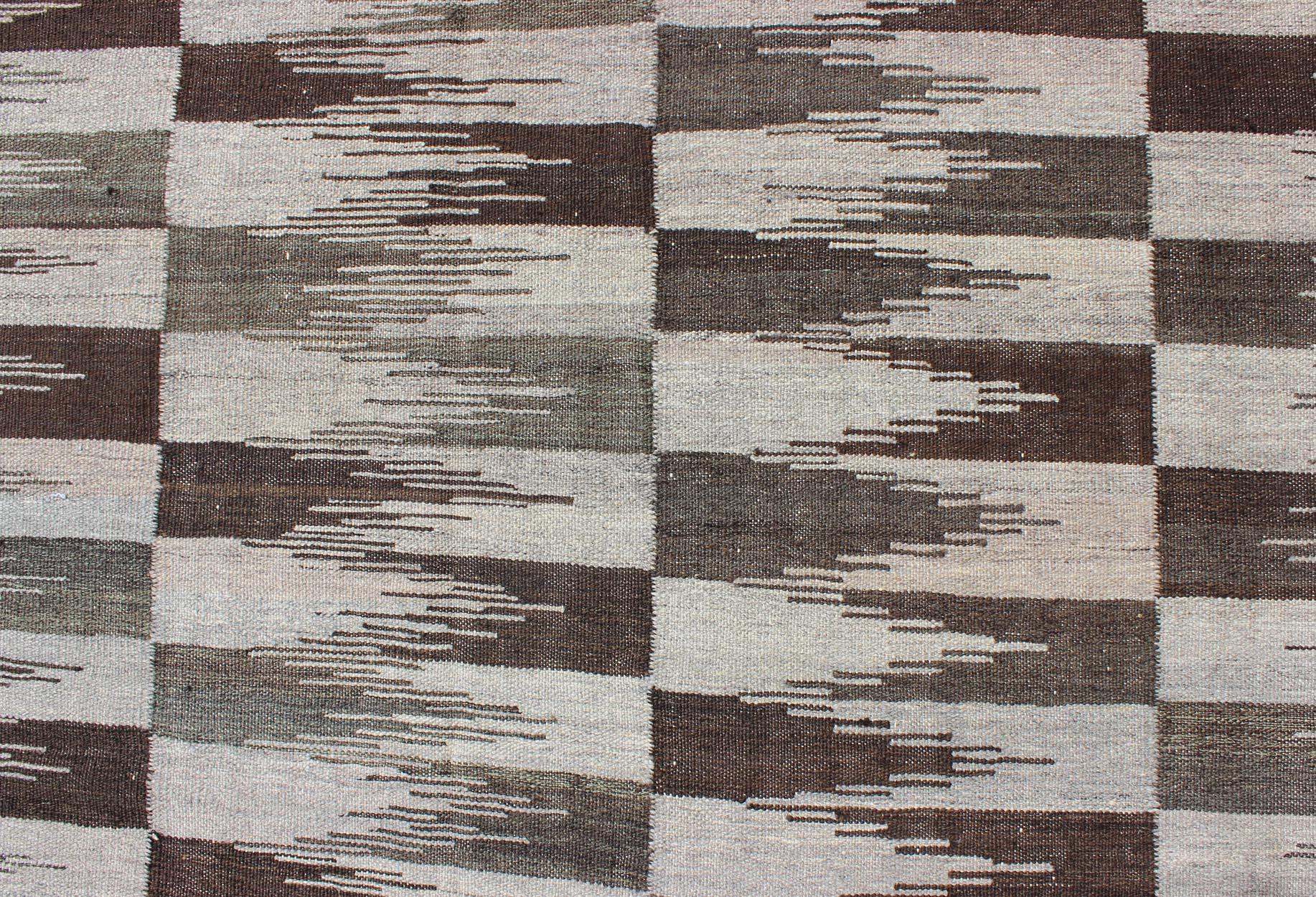  Fine Flat weave Modern Kilim in Neutrals, Browns and Greens Colors For Sale 3