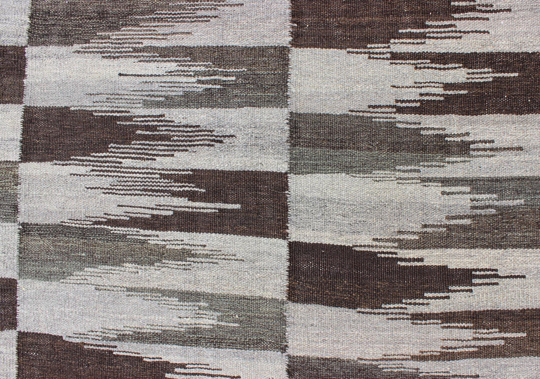  Fine Flat weave Modern Kilim in Neutrals, Browns and Greens Colors For Sale 4