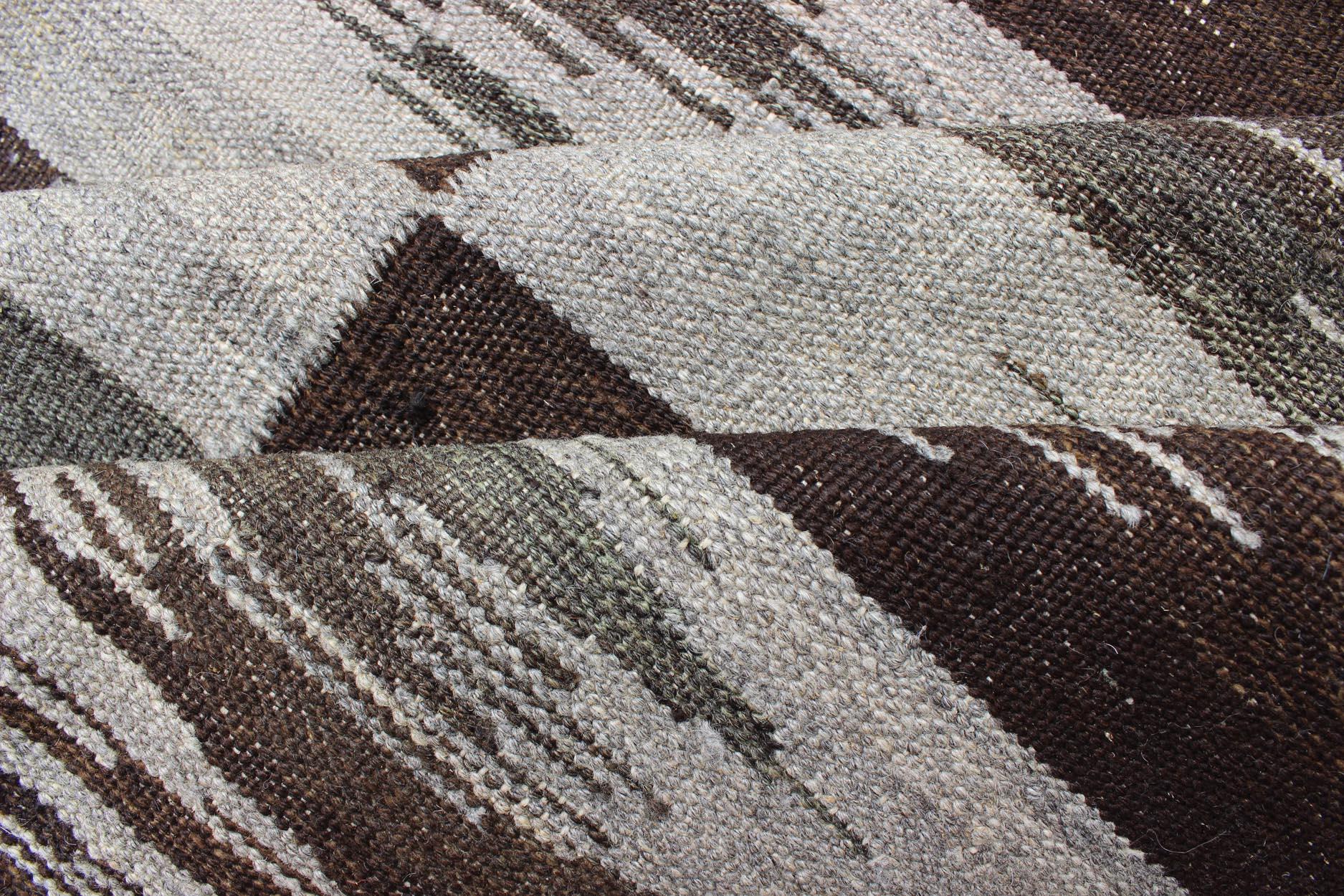  Fine Flat weave Modern Kilim in Neutrals, Browns and Greens Colors For Sale 5