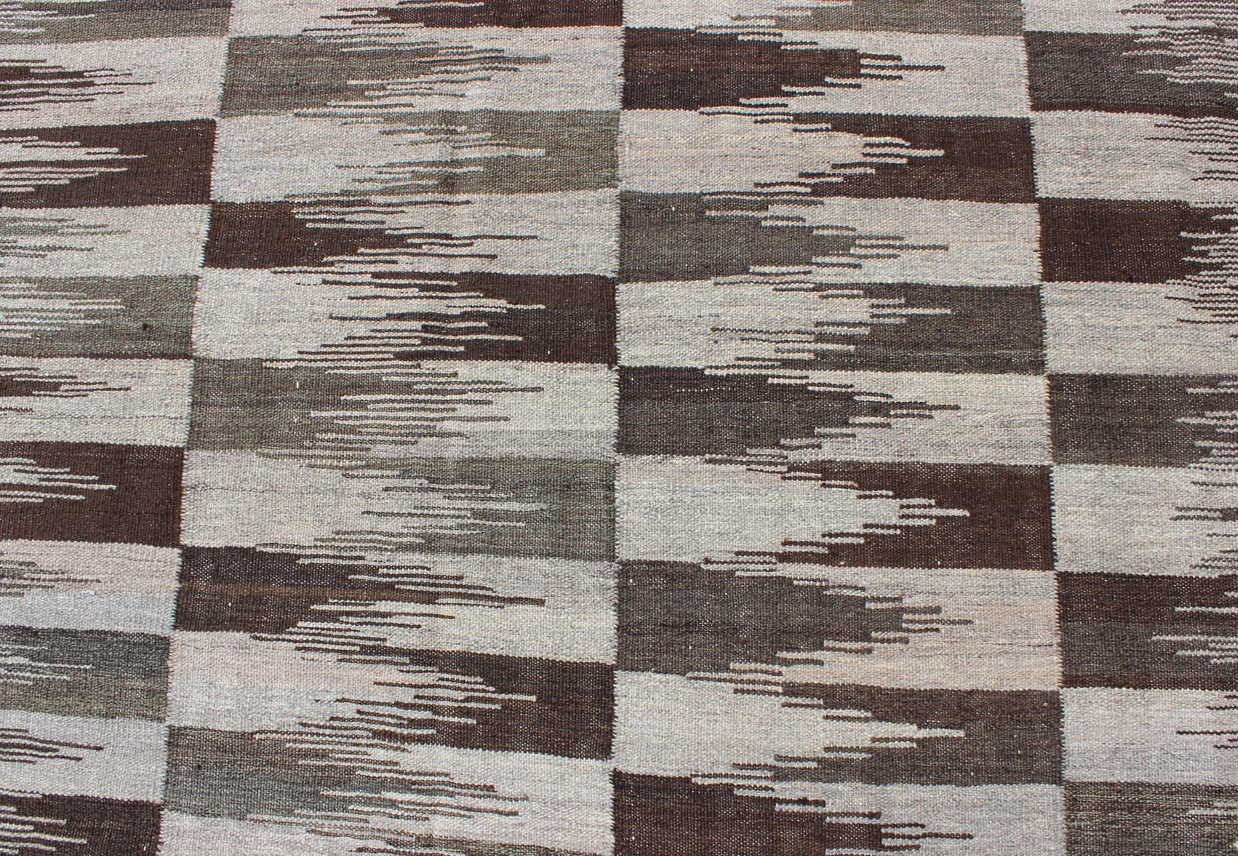  Fine Flat weave Modern Kilim in Neutrals, Browns and Greens Colors For Sale 2