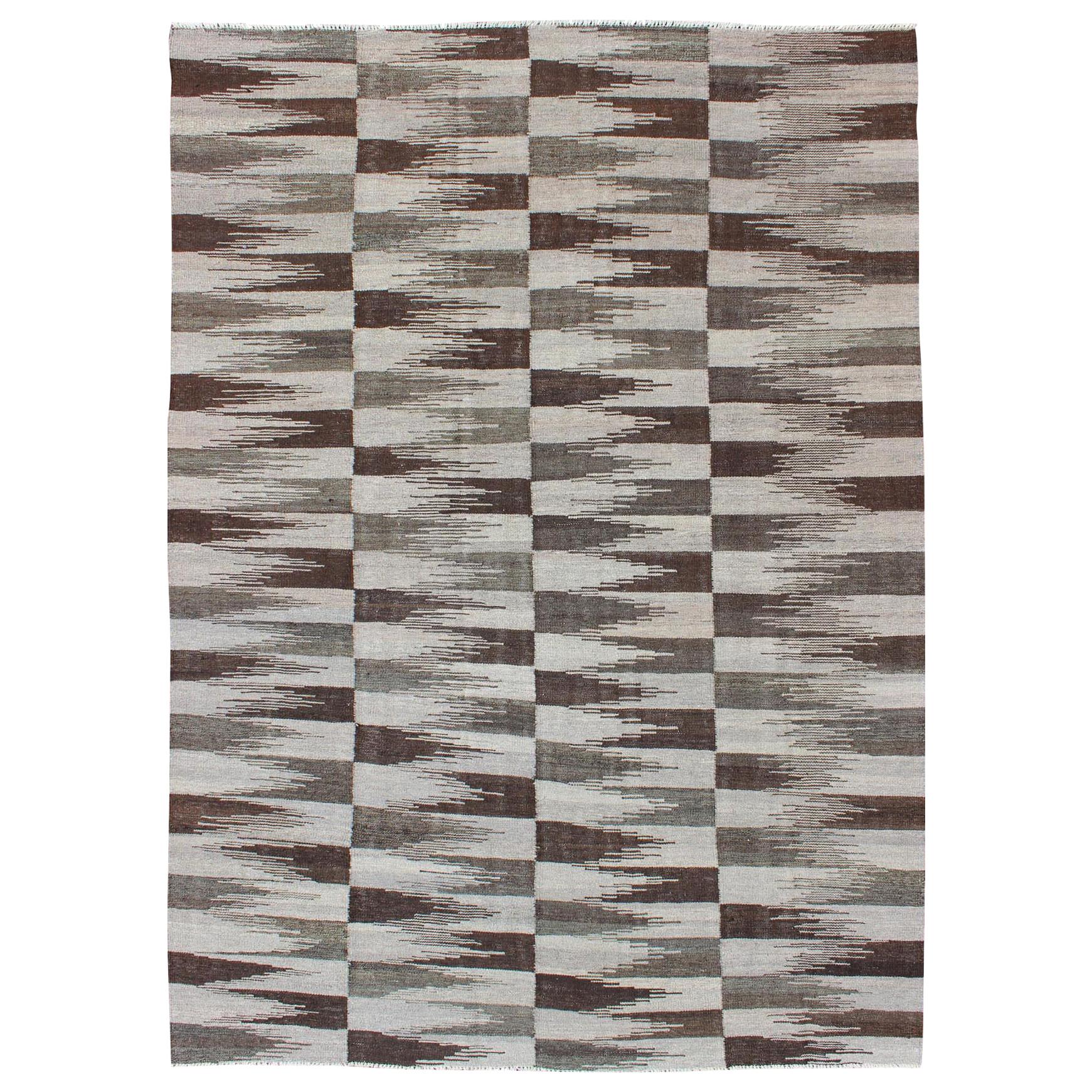  Fine Flat weave Modern Kilim in Neutrals, Browns and Greens Colors For Sale