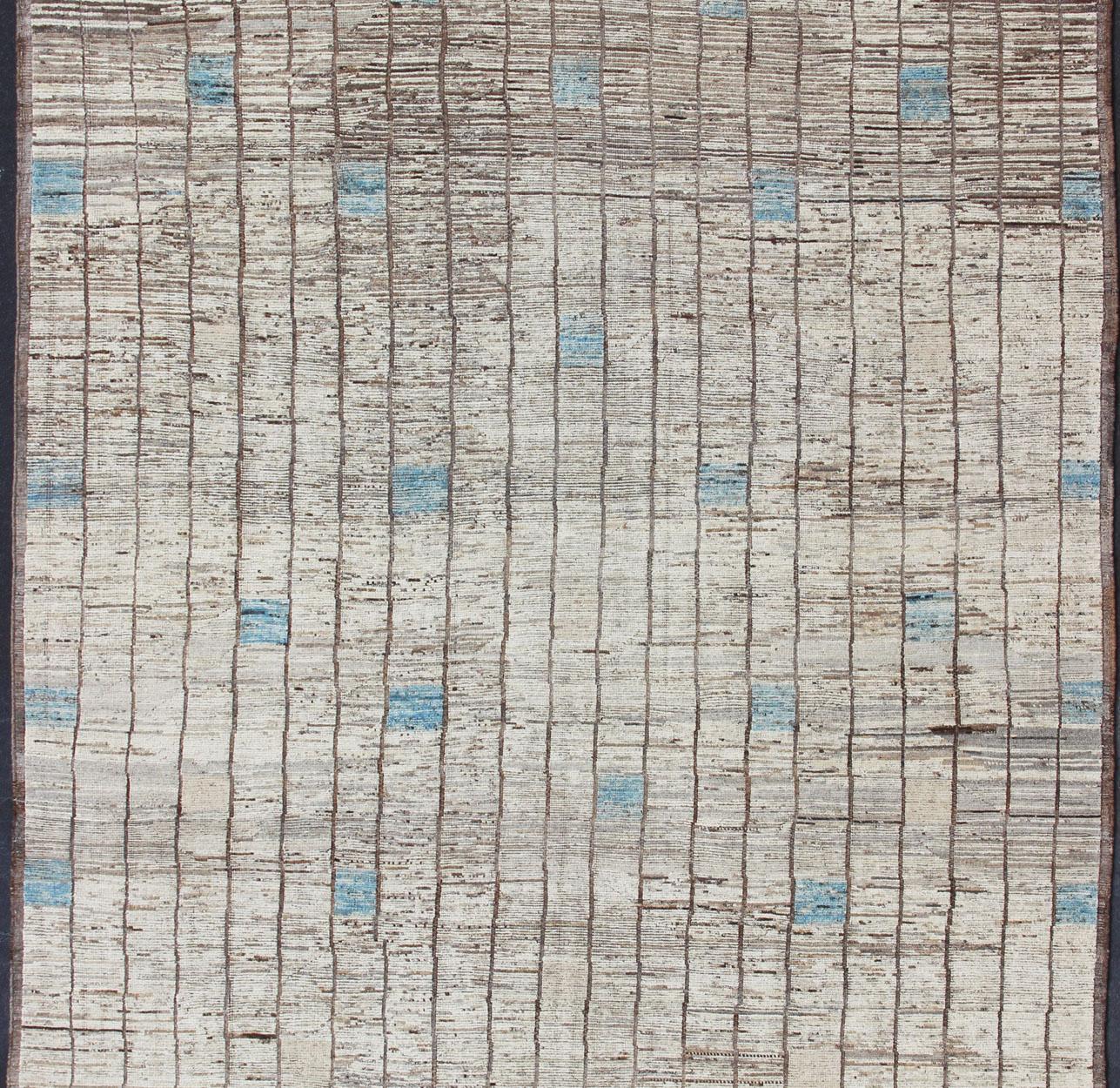 Hand-Knotted Modern Afghanistan Rug in Neutral Tones with Subdued Design with Pops of Blue For Sale