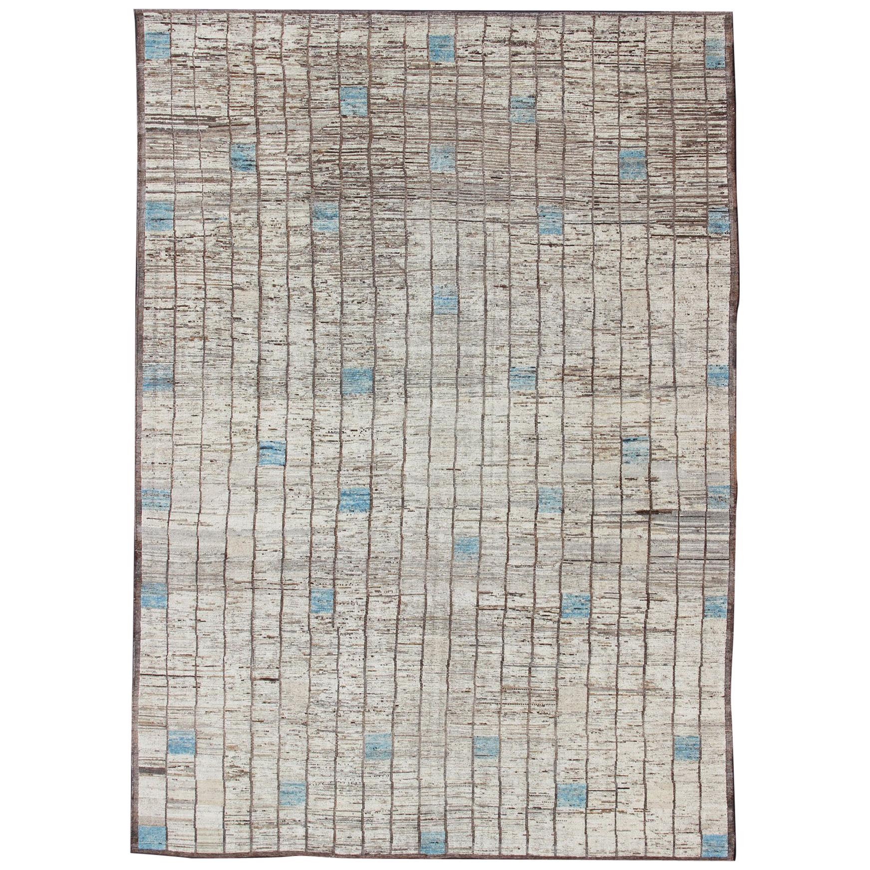 Modern Afghanistan Rug in Neutral Tones with Subdued Design with Pops of Blue For Sale