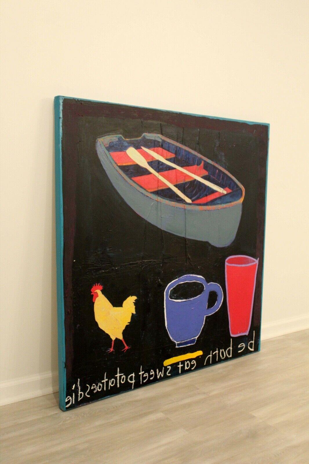 This large acrylic painting on canvas brings together both a modern and folk element depicting common elements with bold, contrasting colors. An amazing statement piece that works well in any aesthetic.

Dimensions: 48W x 1.5D x 48H.