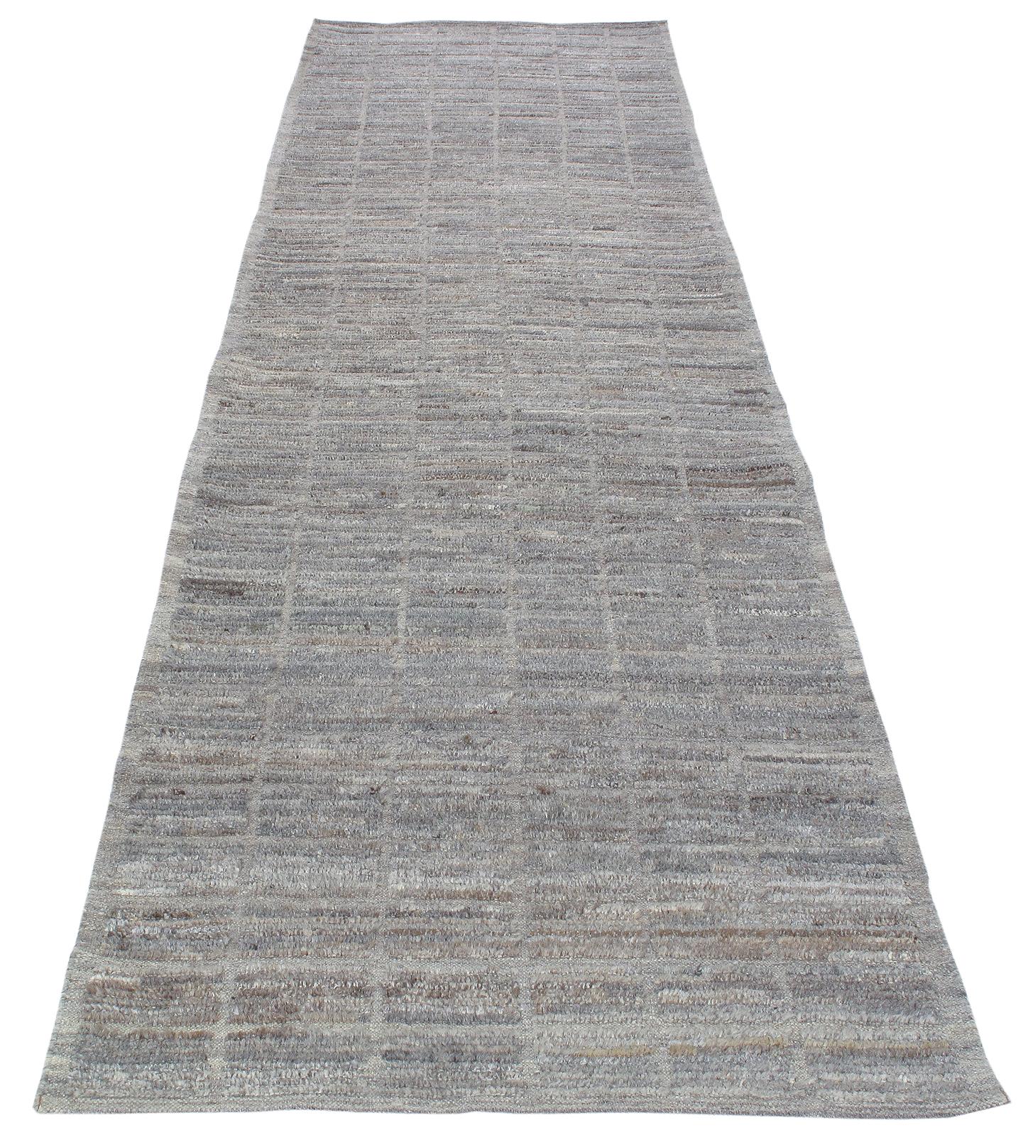Afghan Modern African Textural Handknotted Grey Natural Wool Runner  For Sale