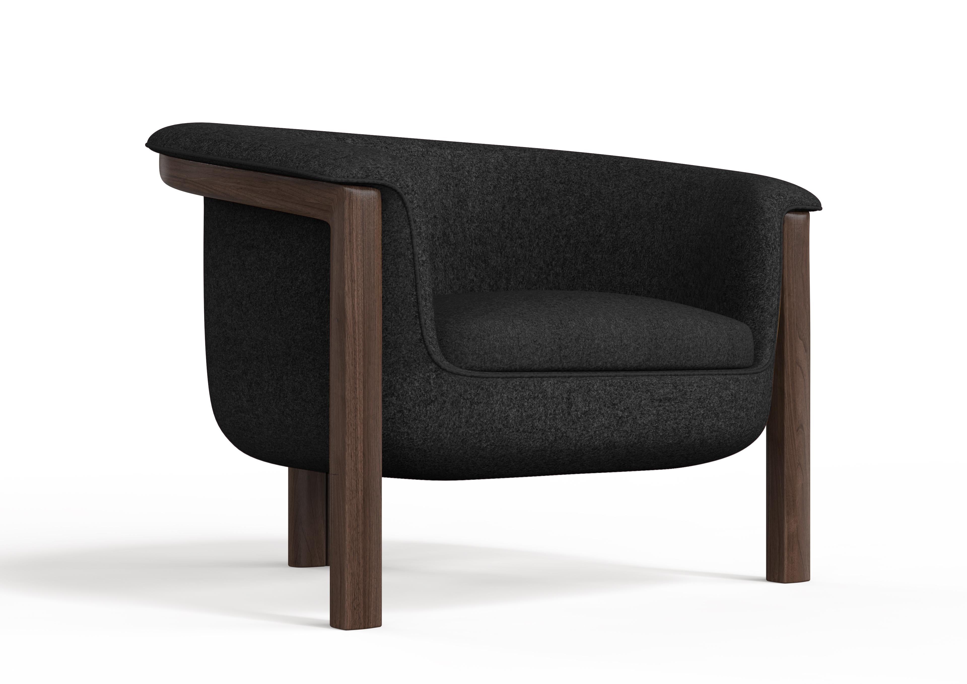 Portuguese Modern Agnes Armchair in Walnut, Black Wool Fabric For Sale