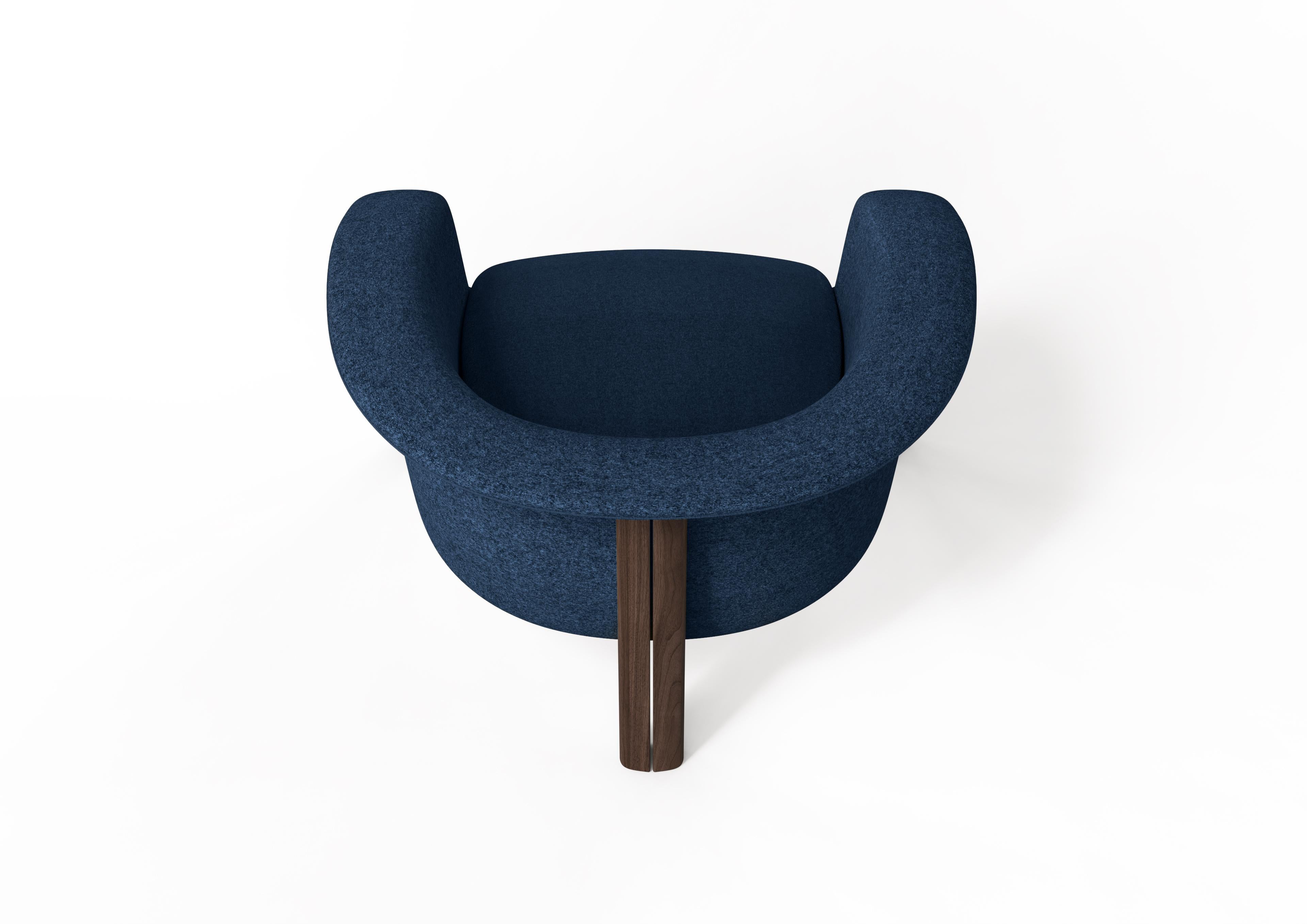 Portuguese Modern Agnes Armchair in Walnut, Blue Wool Fabric For Sale