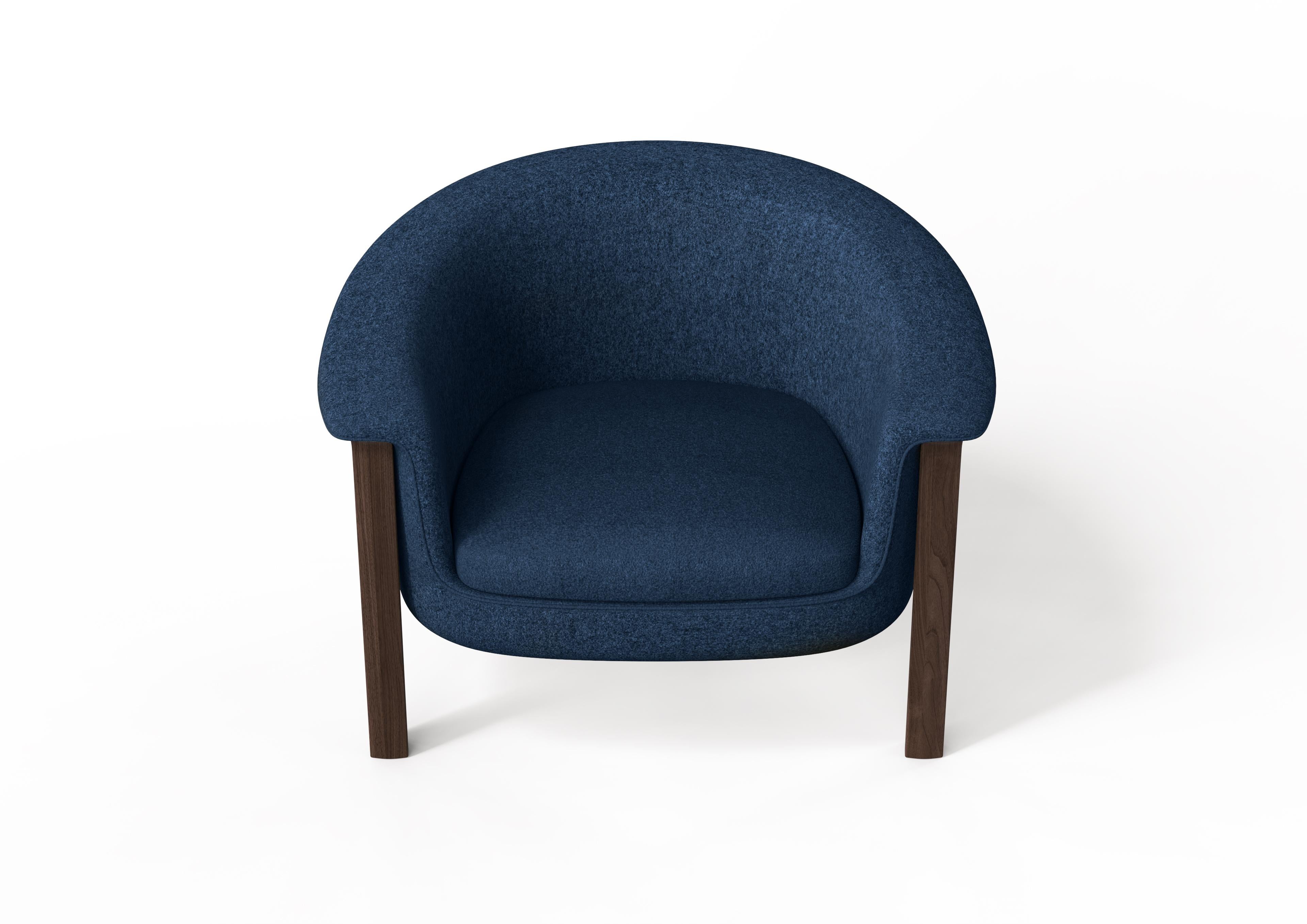 Contemporary Modern Agnes Armchair in Walnut, Blue Wool Fabric For Sale