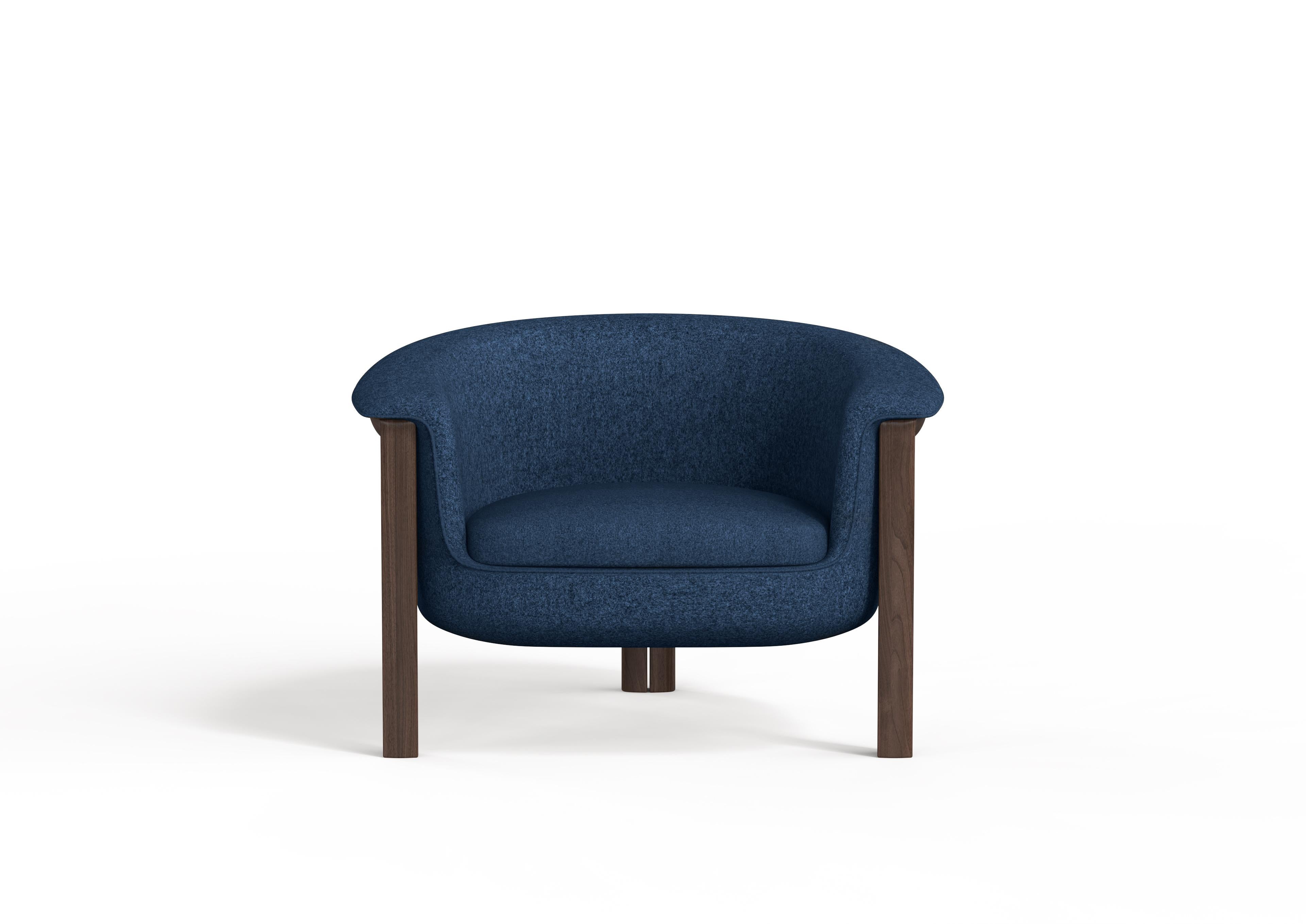 Modern Agnes Armchair in Walnut, Blue Wool Fabric For Sale 1