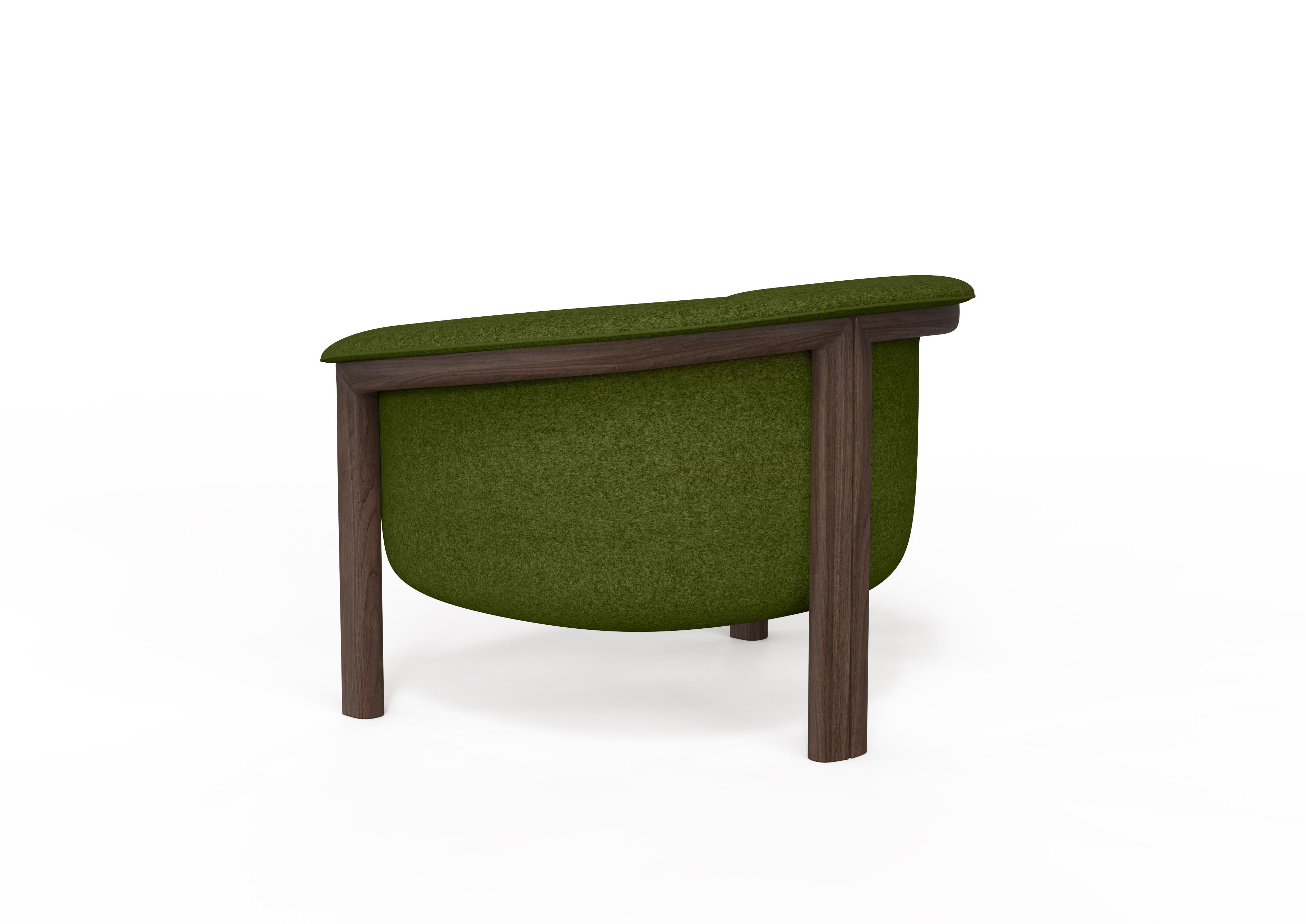 Contemporary Modern Agnes Armchair in Walnut, Green Wool Fabric For Sale