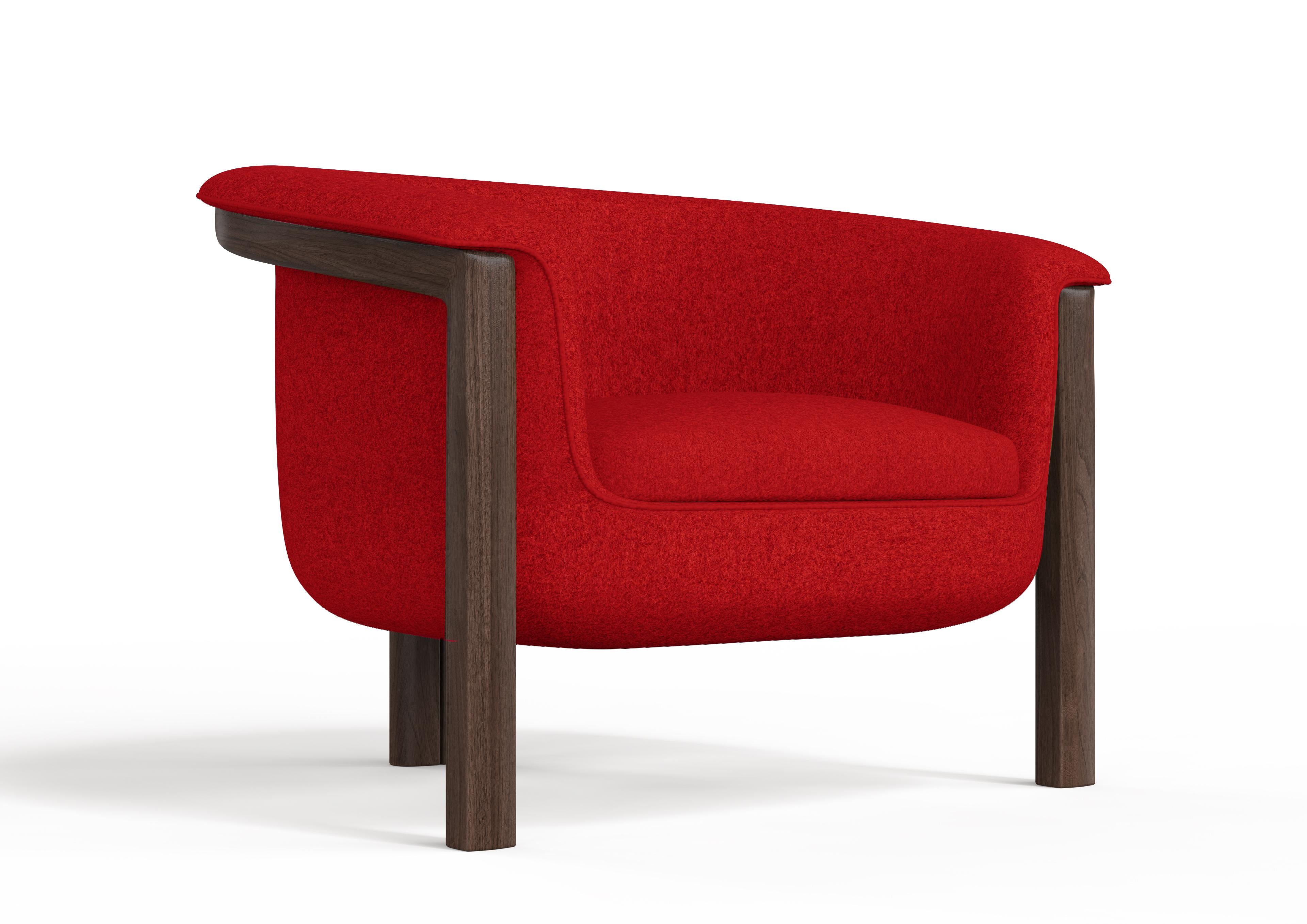 Modern Agnes Armchair in Walnut, Red Wool Fabric In New Condition For Sale In New York, NY