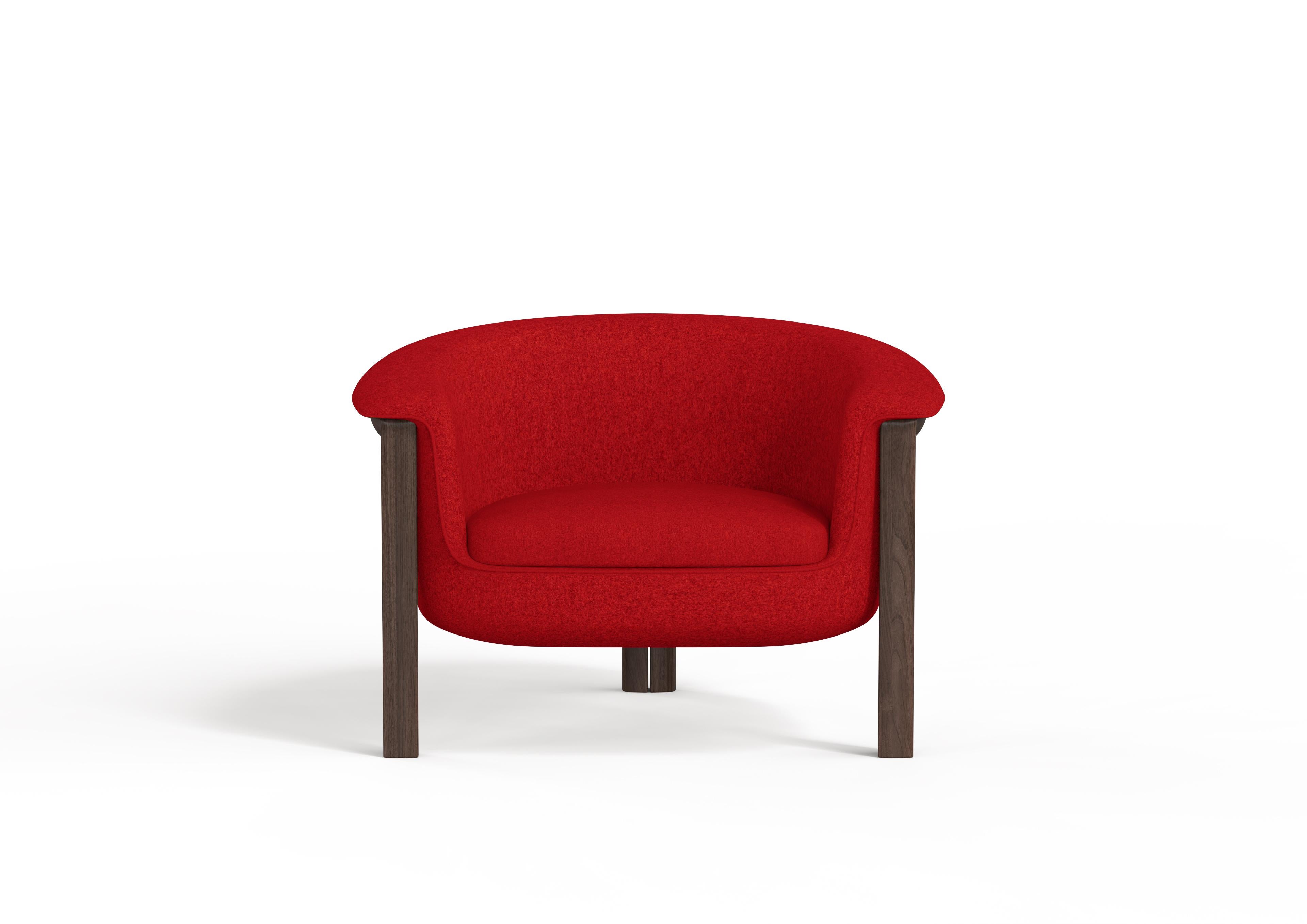 Modern Agnes Armchair in Walnut, Red Wool Fabric For Sale 1