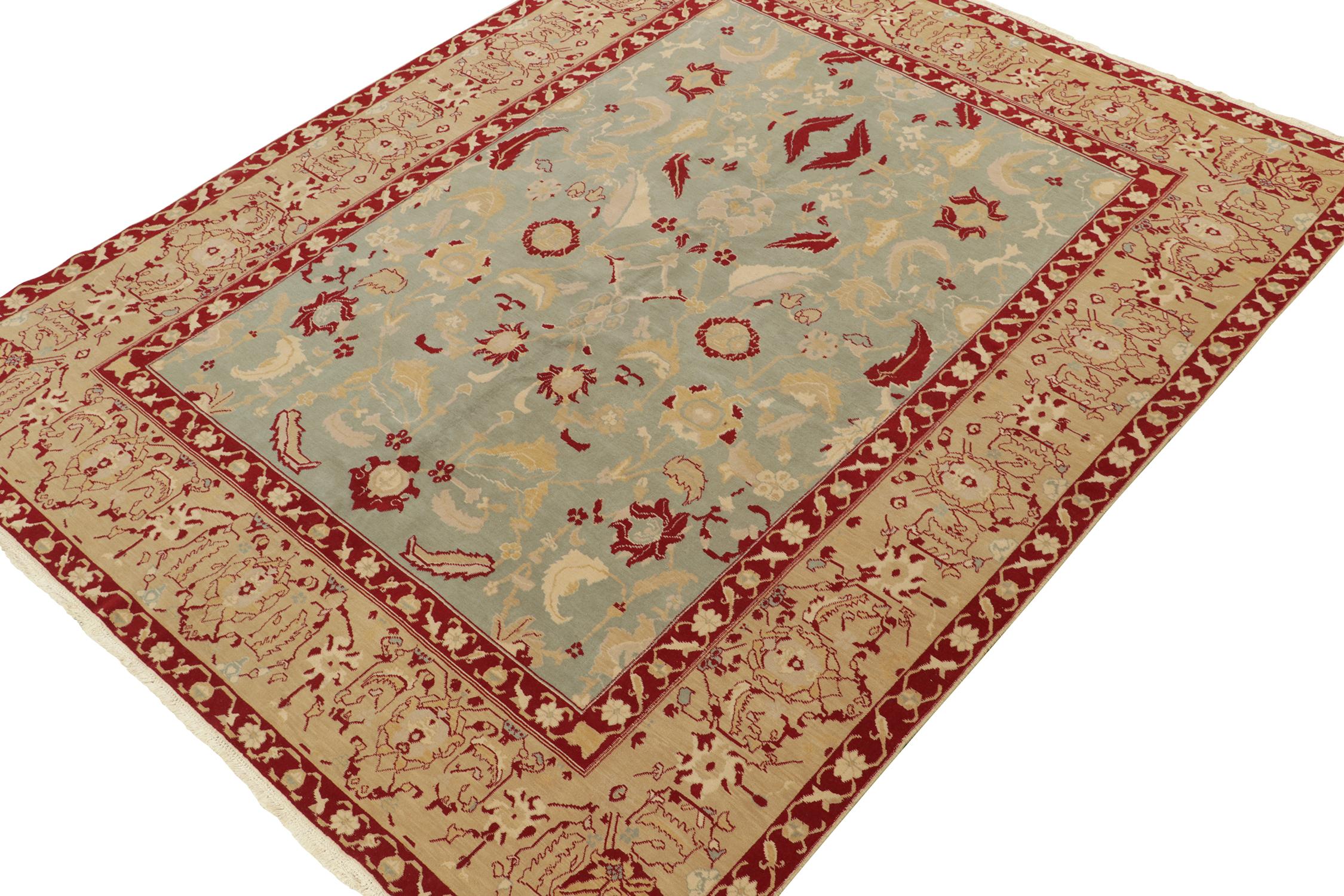 A 9x11 rug inspired from antique Agra rug styles, from Rug & Kilim’s Modern Classics Collection. Hand knotted in wool, playing an exceptional ice blue beneath red and gold in floral patterns with classic grace.
Further On the Design:
The play of