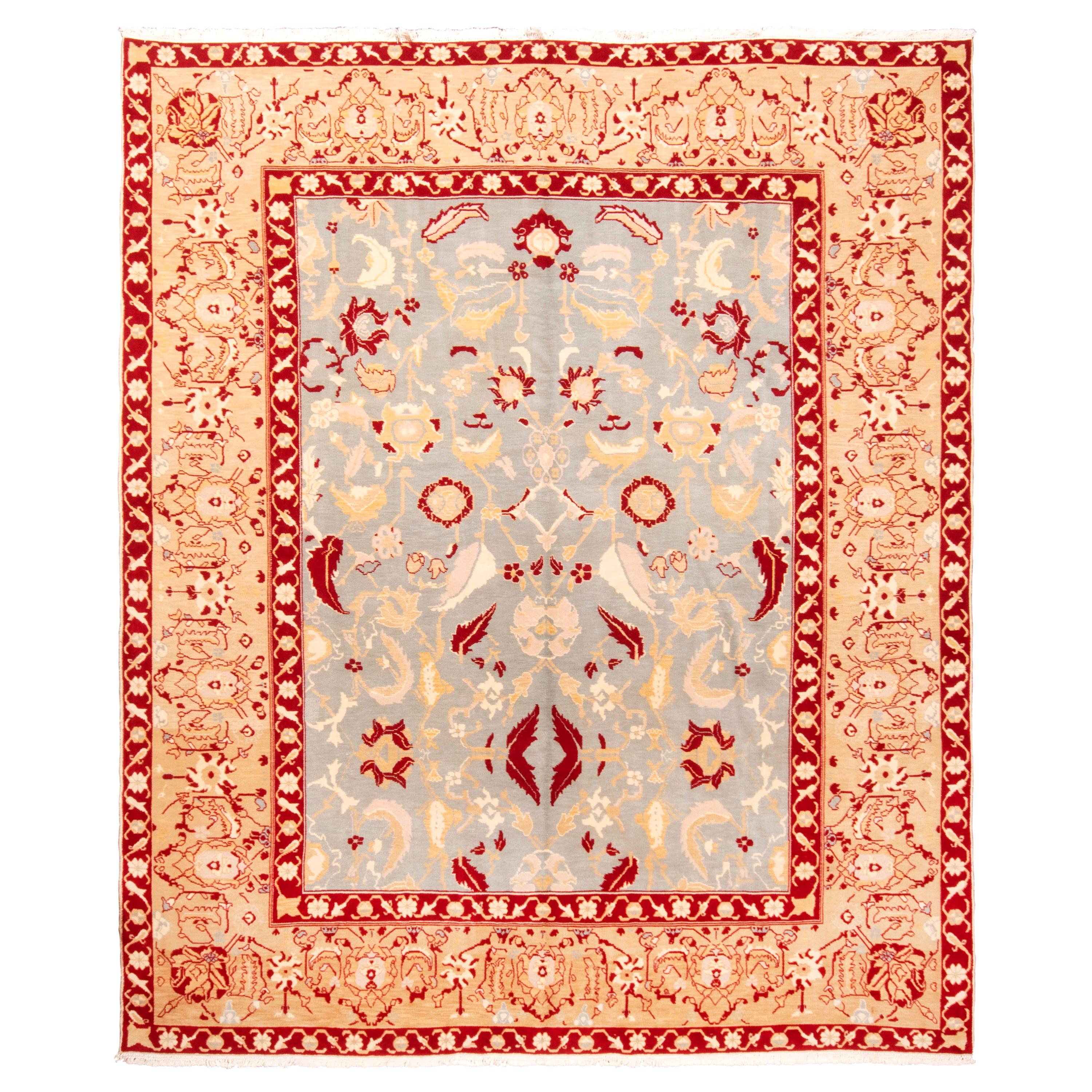 Modern Agra Transitional Blue, Red, and Beige Wool Rug with Design