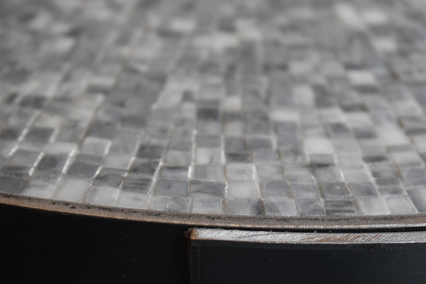 Hand-Crafted Modern Akomena for Dilmos Iron Low Table Handcut Marble Mosaic Black and Grey For Sale