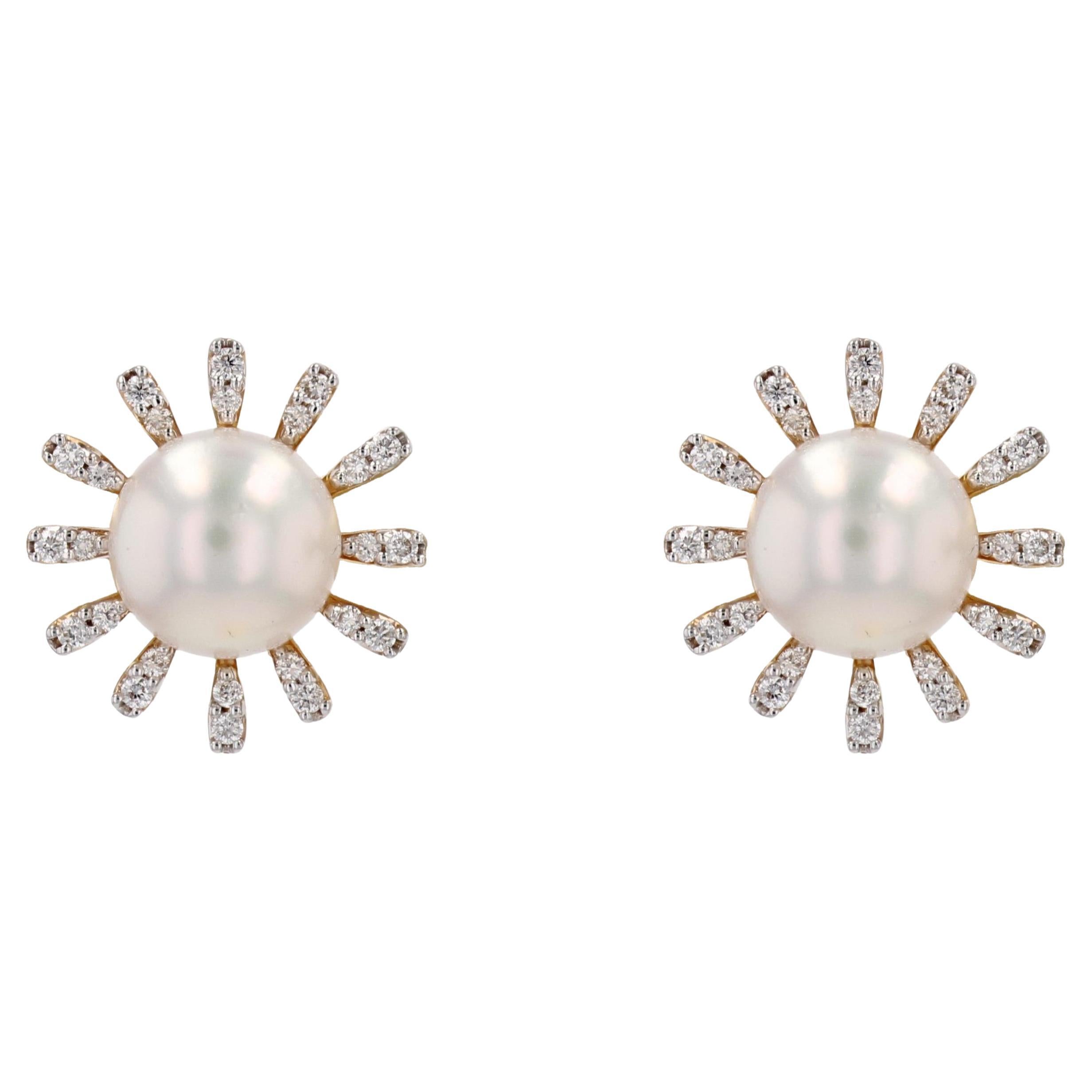 Modern Akoya Cultured Pearl Diamonds 18 Karat Yellow Gold Flake Stud Earrings For Sale