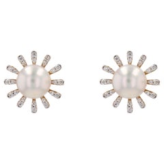Modern Akoya Cultured Pearl Diamonds 18 Karat Yellow Gold Flake Stud Earrings