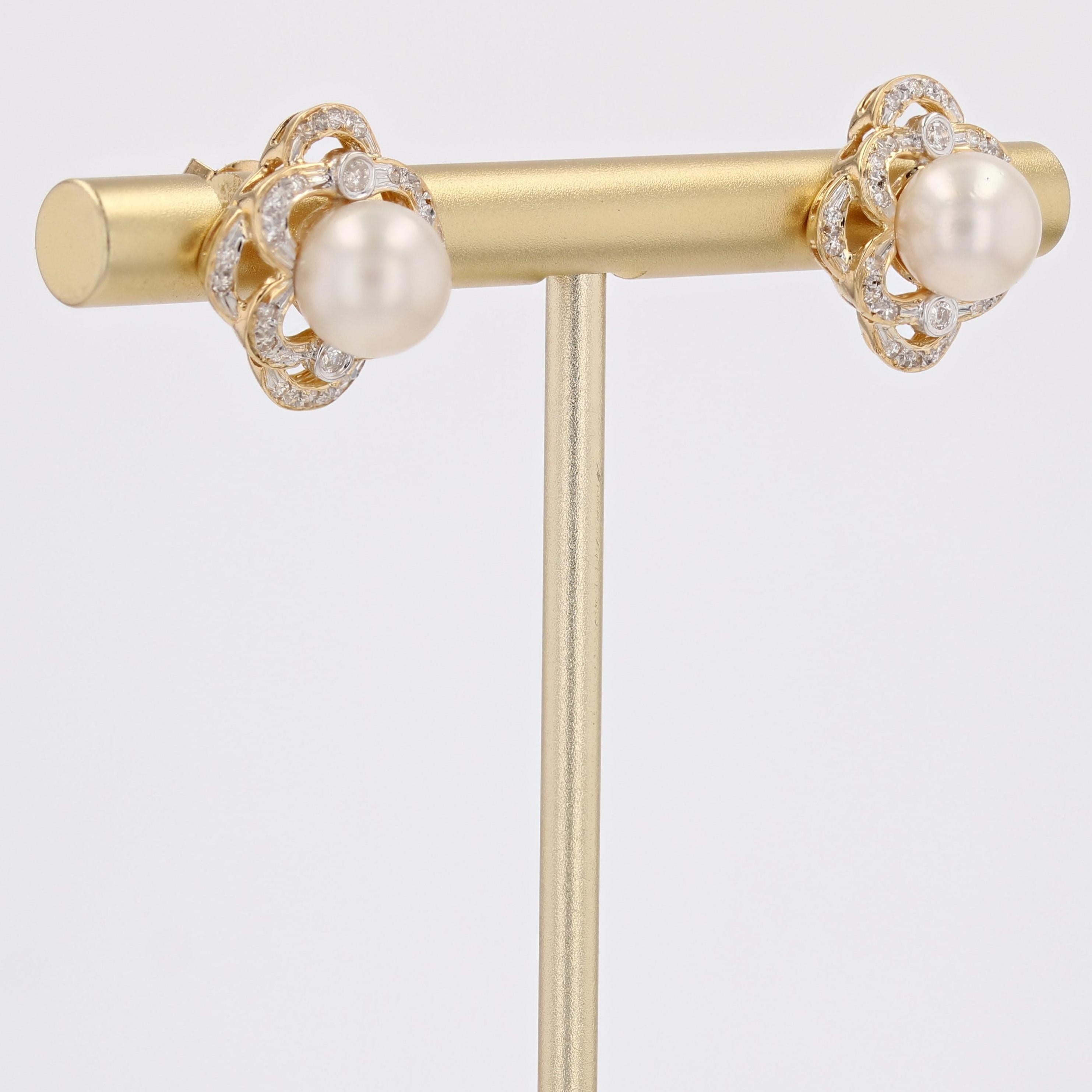 Women's Modern Akoya Cultured Pearl Diamonds 18 Karat Yellow Gold Openwork Stud Earrings For Sale