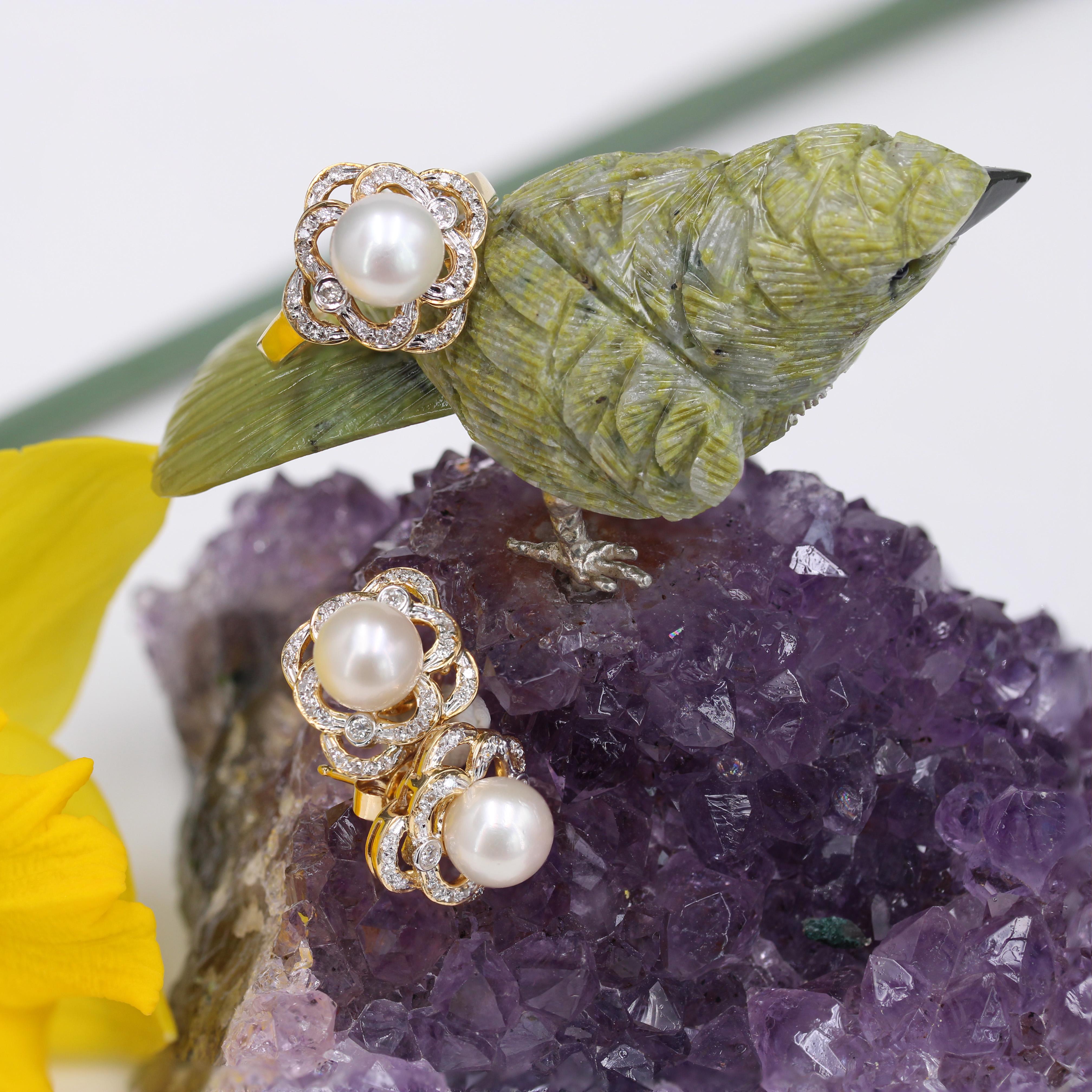 Modern Akoya Cultured Pearl Diamonds 18 Karat Yellow Gold Openwork Stud Earrings For Sale 2